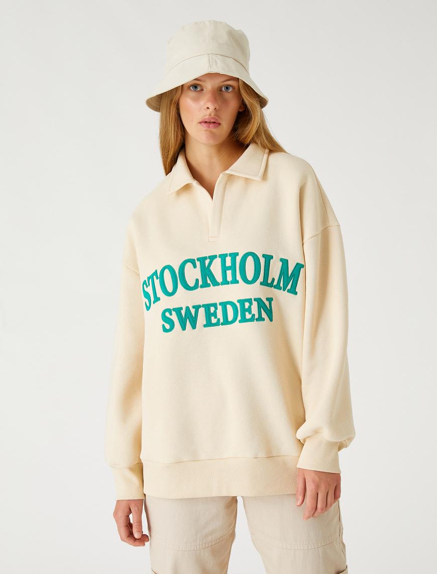   Polo Yaka Kolej Sweatshirt İşlemeli İçi Polarlı