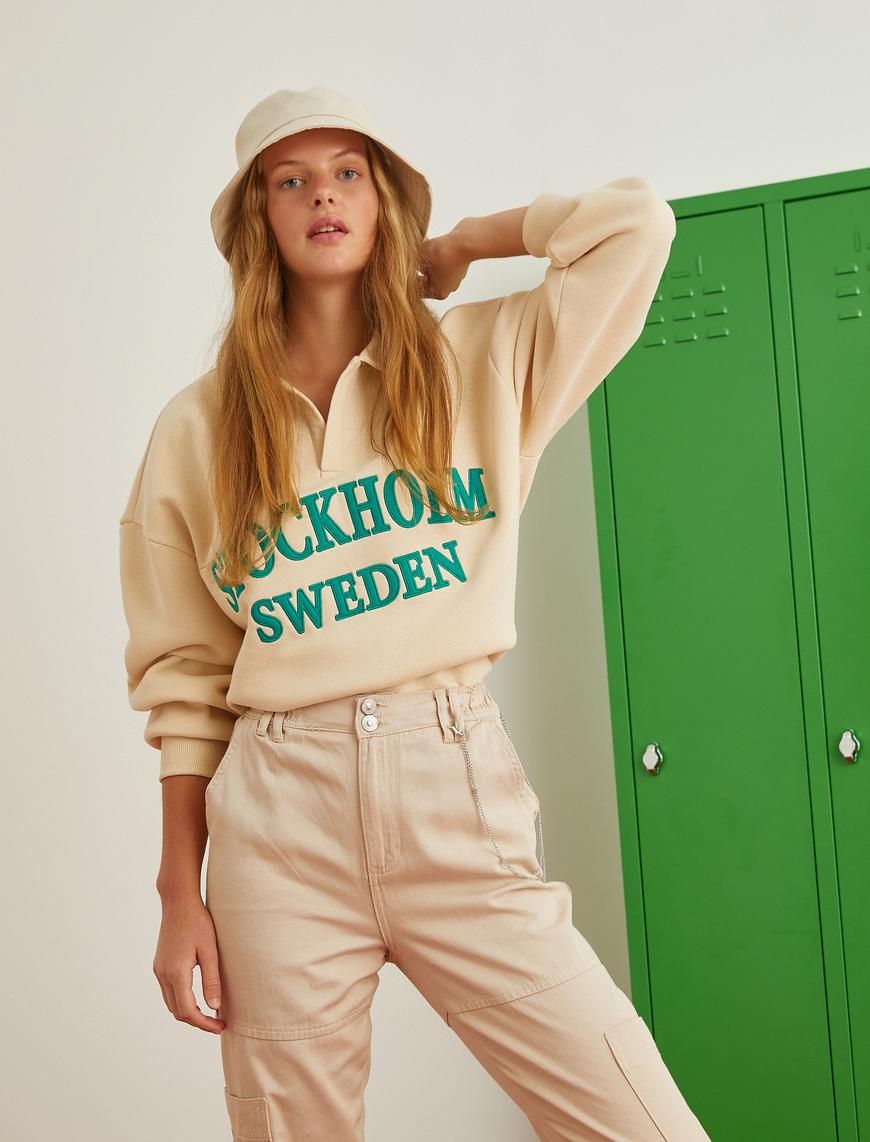   Polo Yaka Kolej Sweatshirt İşlemeli İçi Polarlı