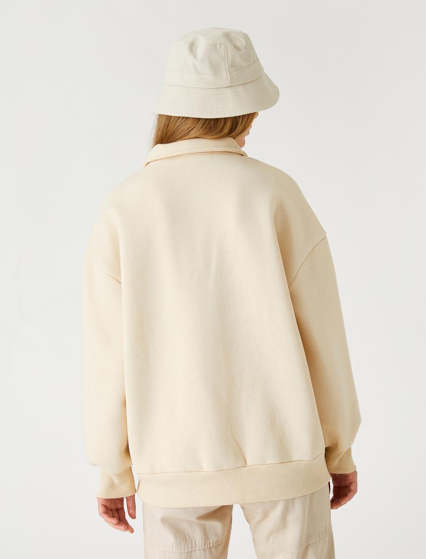   Polo Yaka Kolej Sweatshirt İşlemeli İçi Polarlı