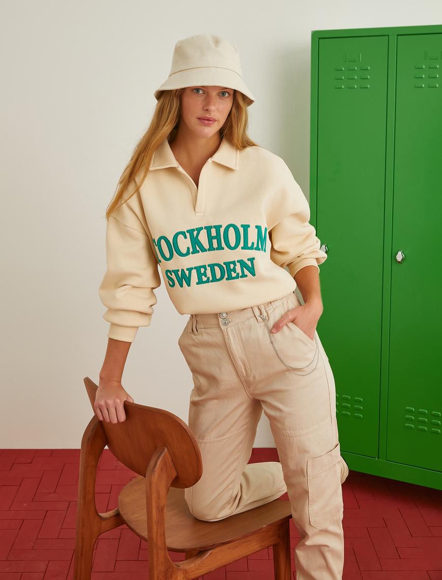   Polo Yaka Kolej Sweatshirt İşlemeli İçi Polarlı