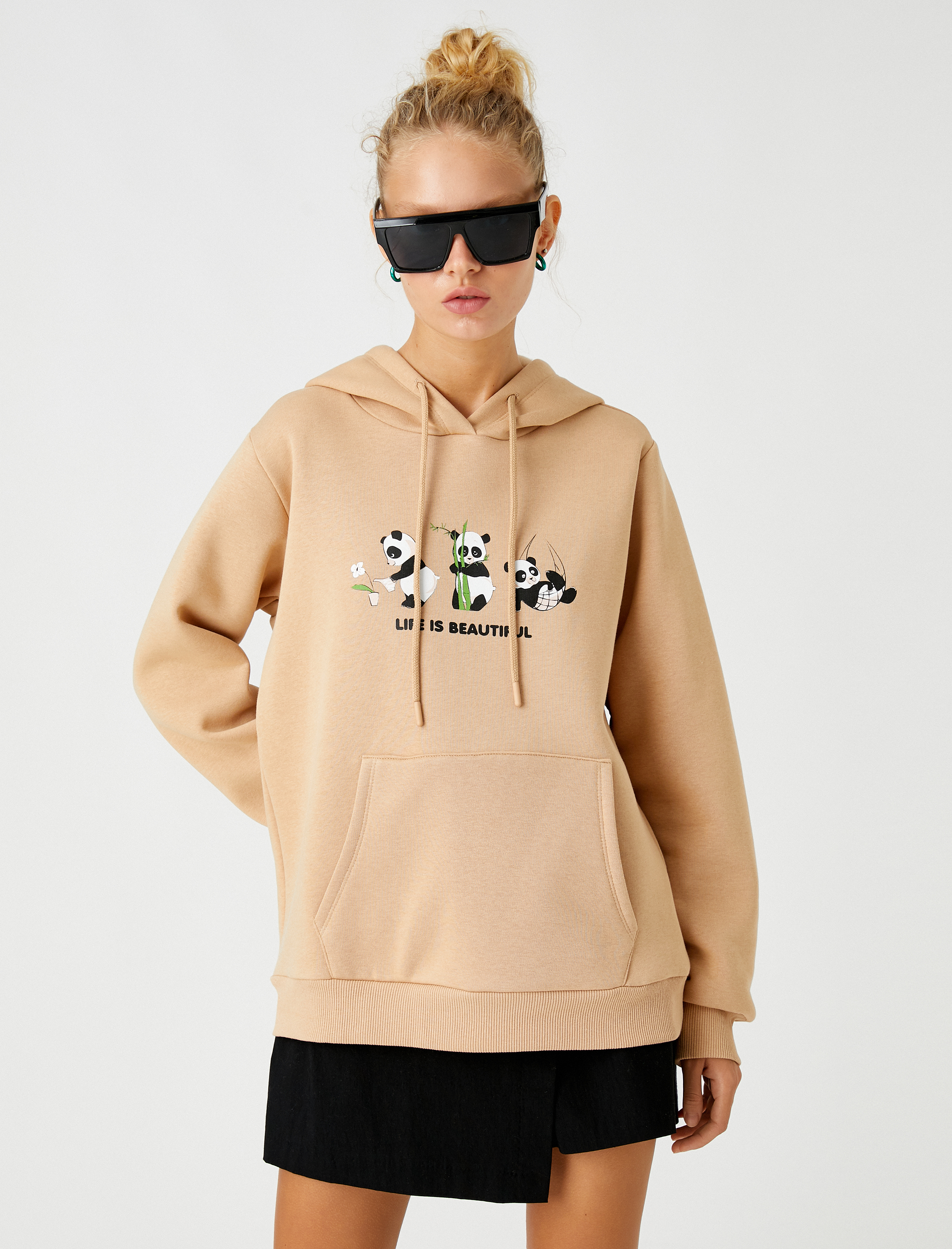   Baskılı Sweatshirt Kapüşonlu Cep Detaylı İçi Polarlı