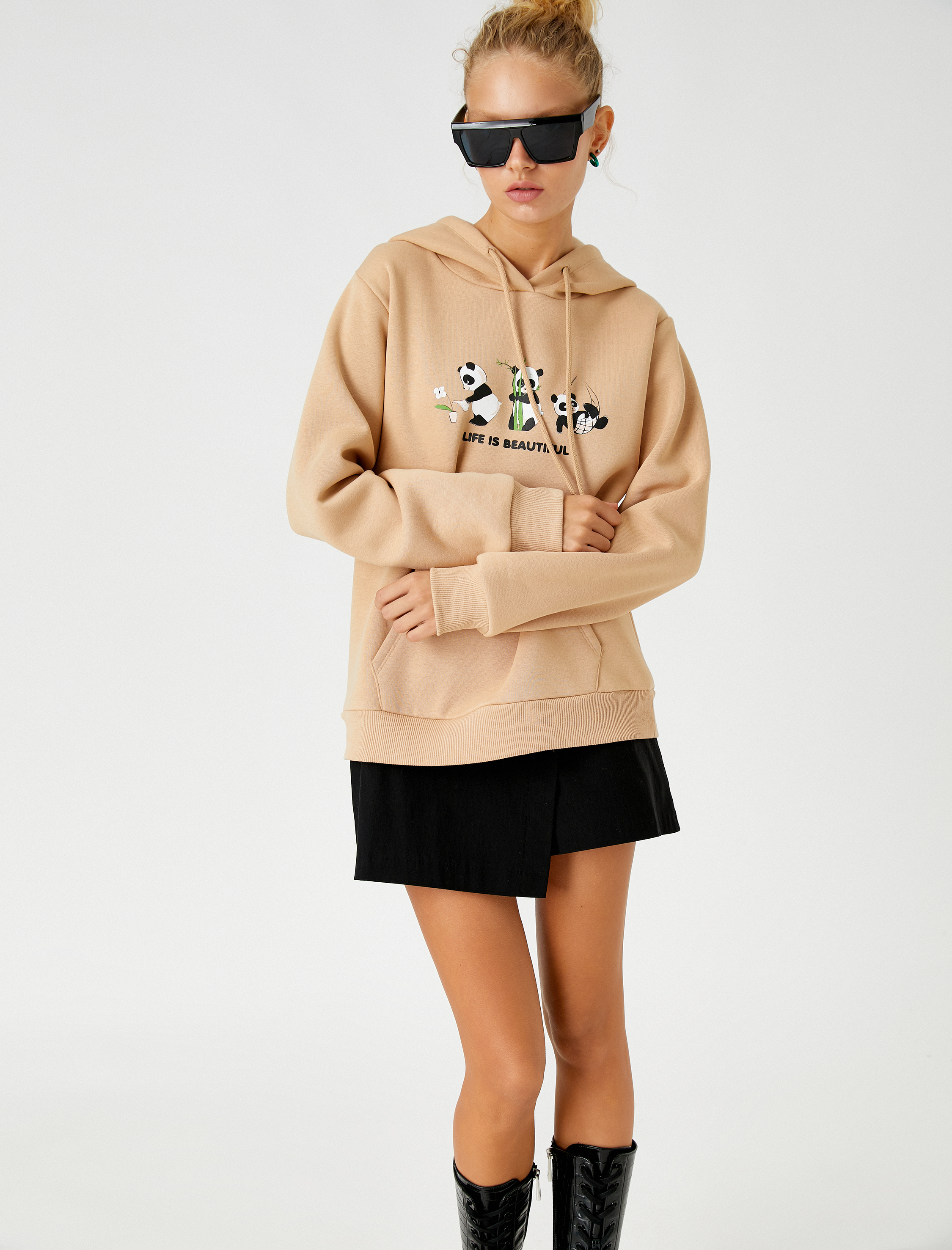   Baskılı Sweatshirt Kapüşonlu Cep Detaylı İçi Polarlı