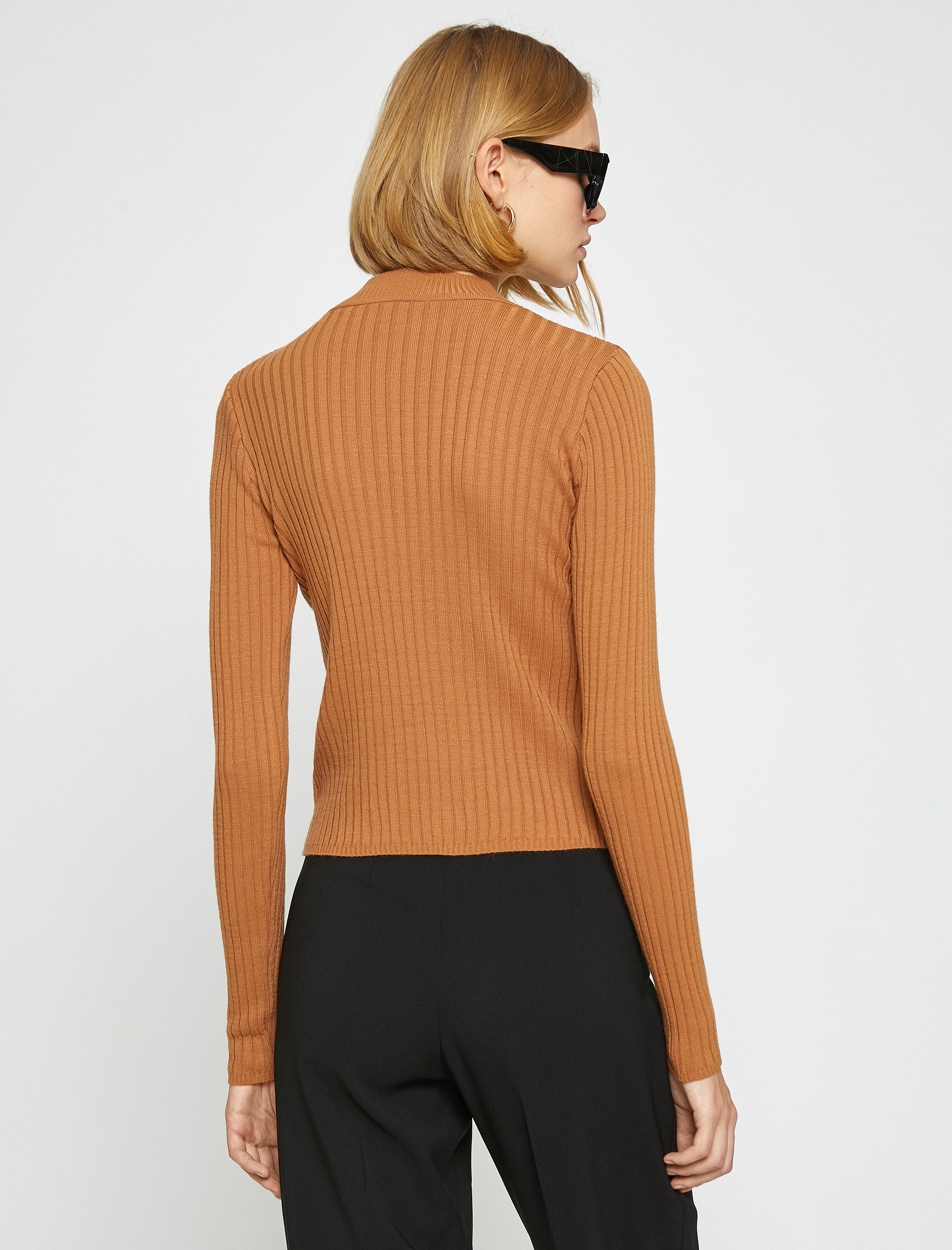   Ribanalı Triko Kazak Dik Yaka Kaşmir Dokulu