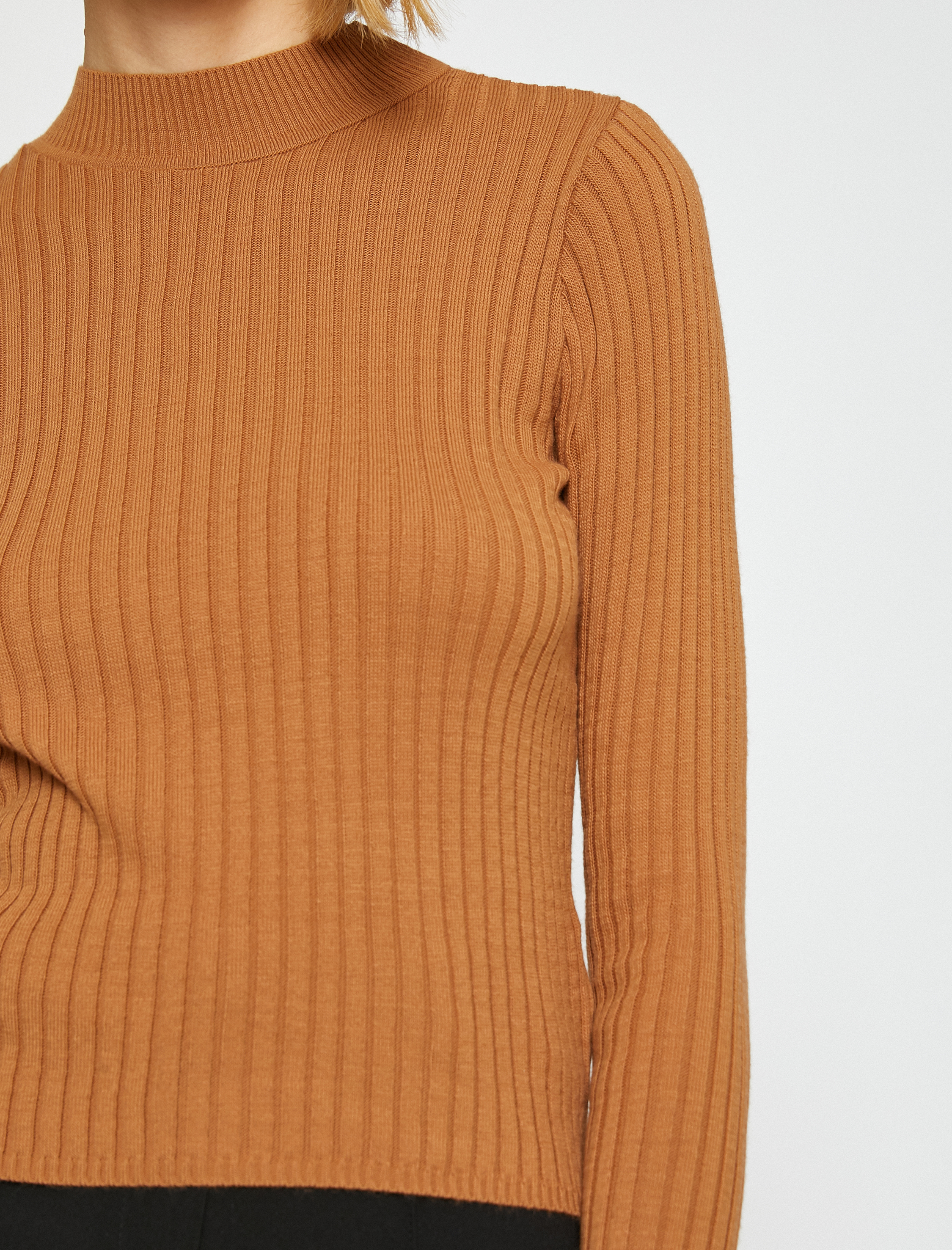   Ribanalı Triko Kazak Dik Yaka Kaşmir Dokulu