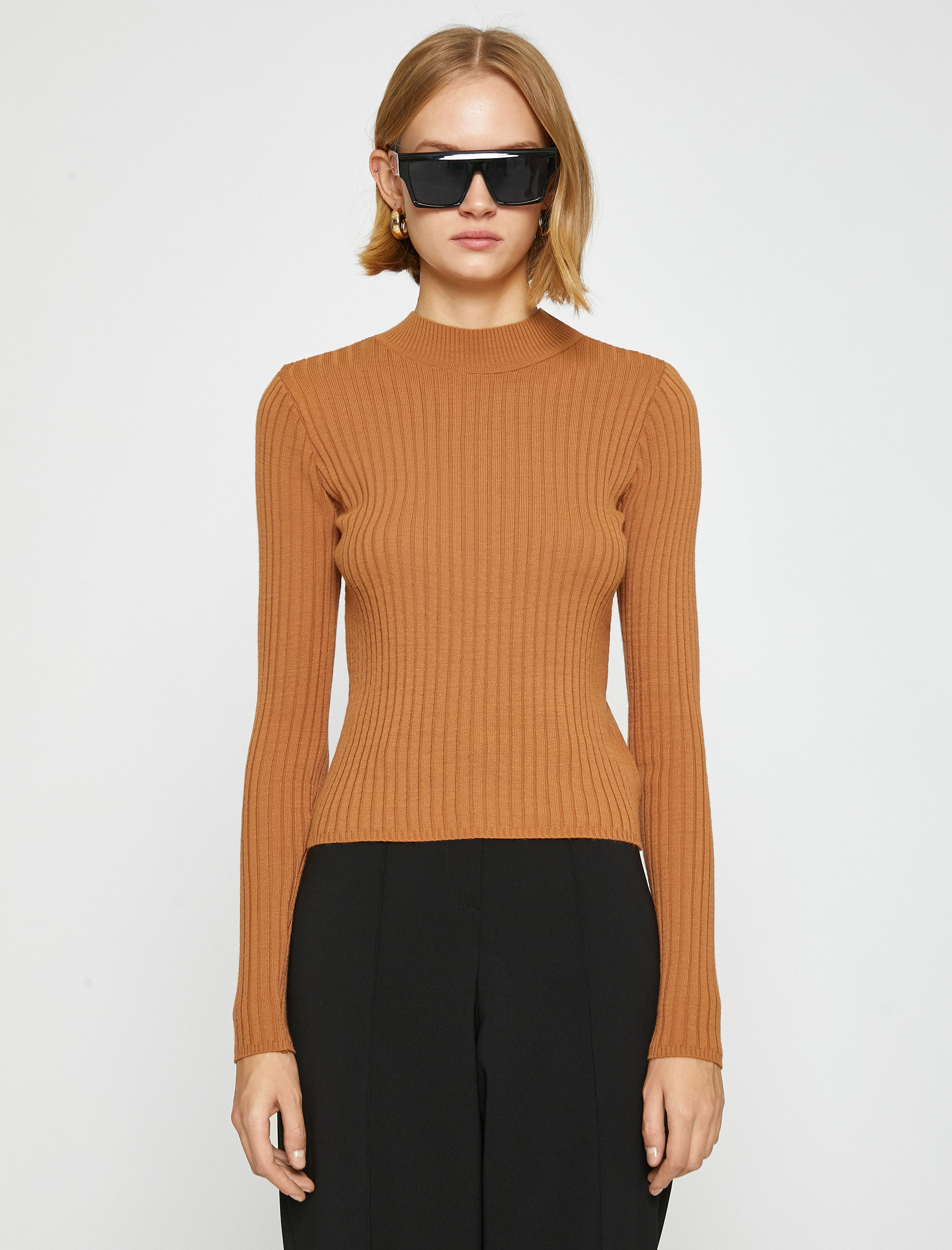   Ribanalı Triko Kazak Dik Yaka Kaşmir Dokulu