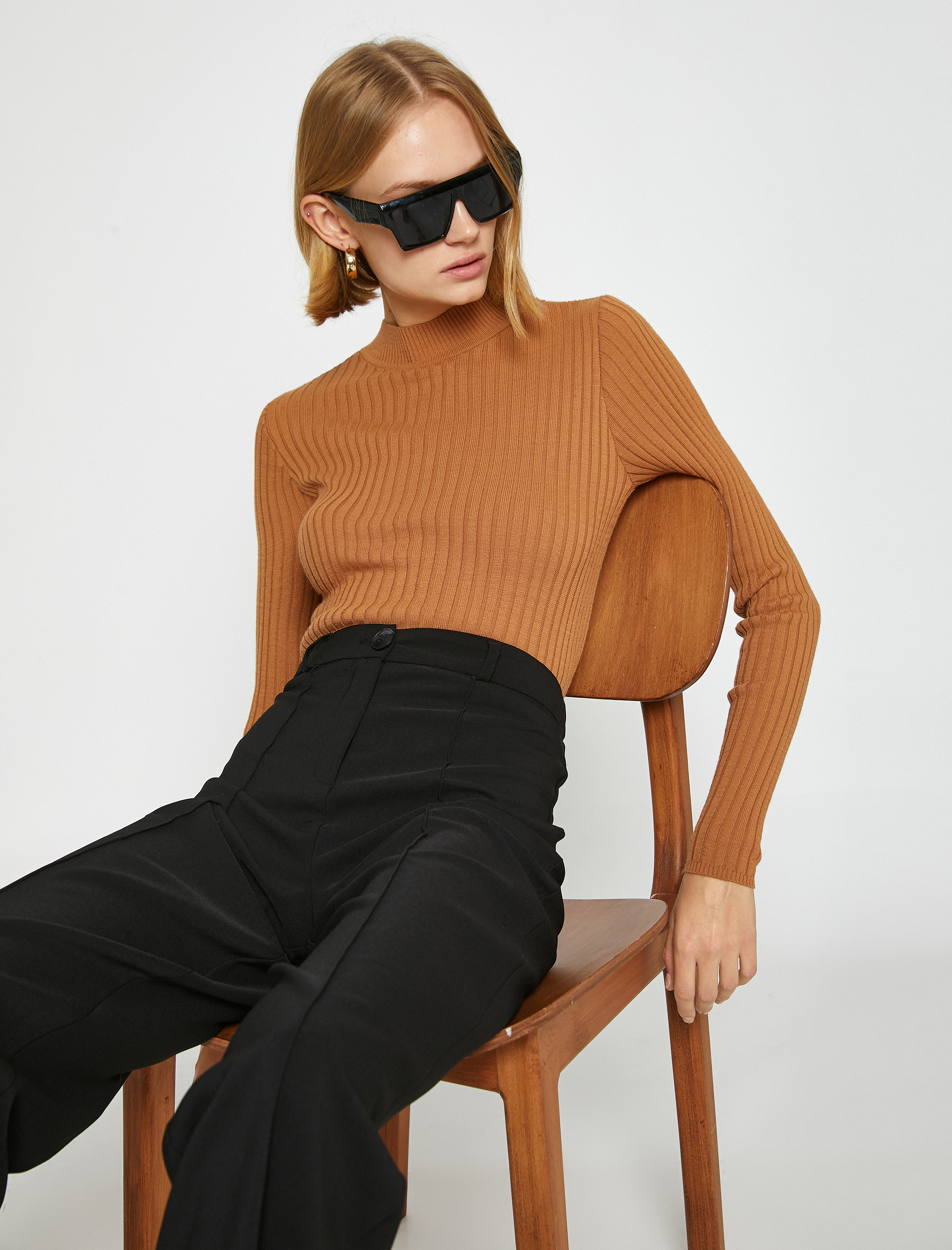   Ribanalı Triko Kazak Dik Yaka Kaşmir Dokulu