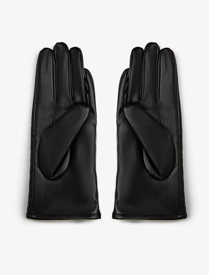 Kadın Suni Deri Eldiven Kapitone Detaylı İçi Peluş Astarlı