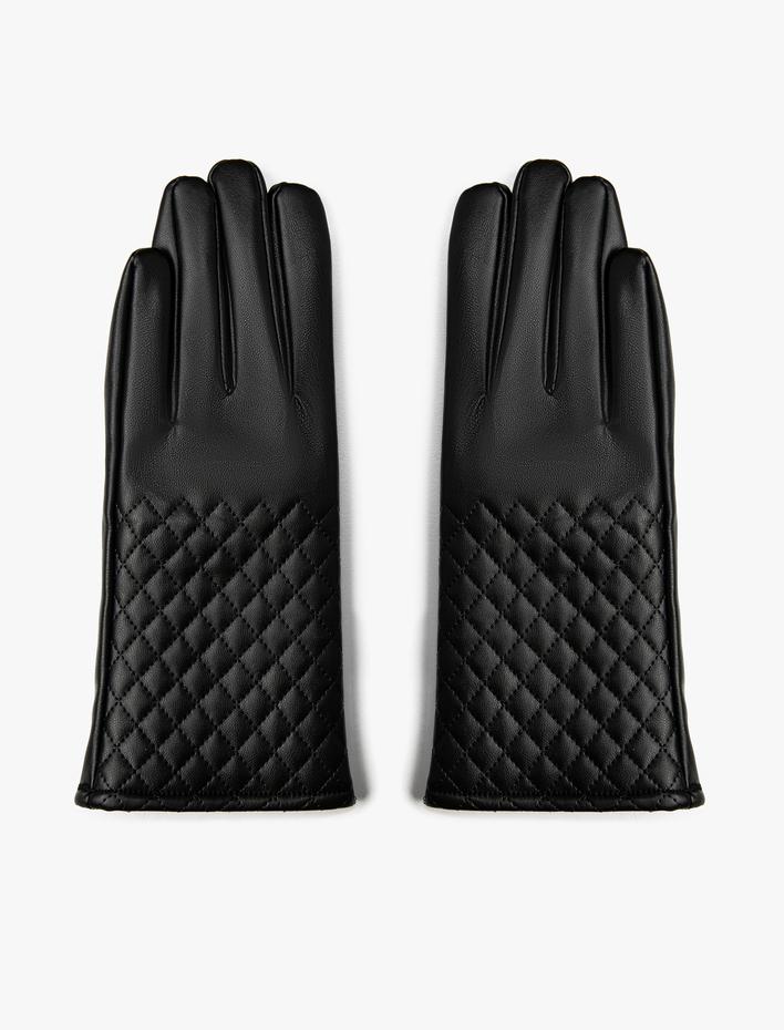 Kadın Suni Deri Eldiven Kapitone Detaylı İçi Peluş Astarlı