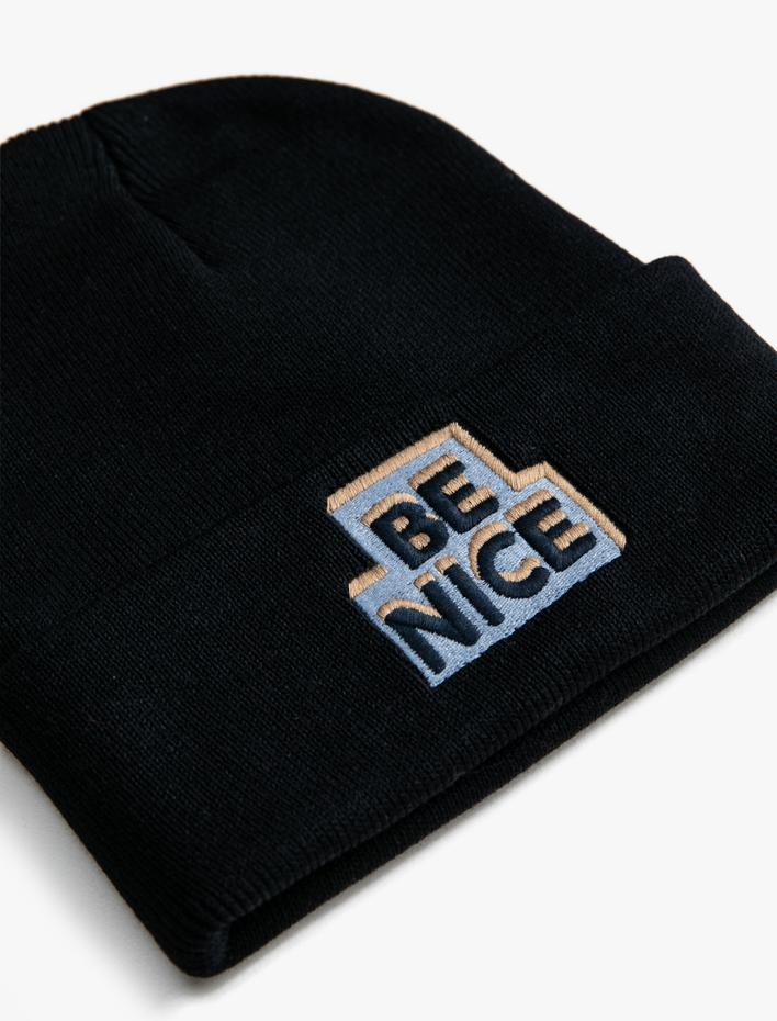 Erkek Basic Örgü Bere Slogan İşlemeli Katlama Detaylı