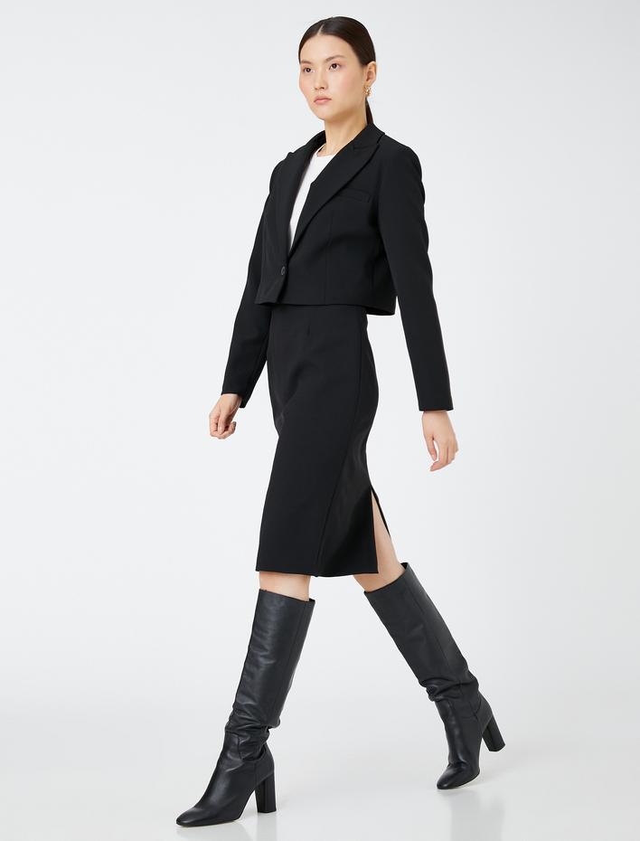  Basic Midi Kalem Etek Yırtmaçlı Fermuarlı Dar Kesim