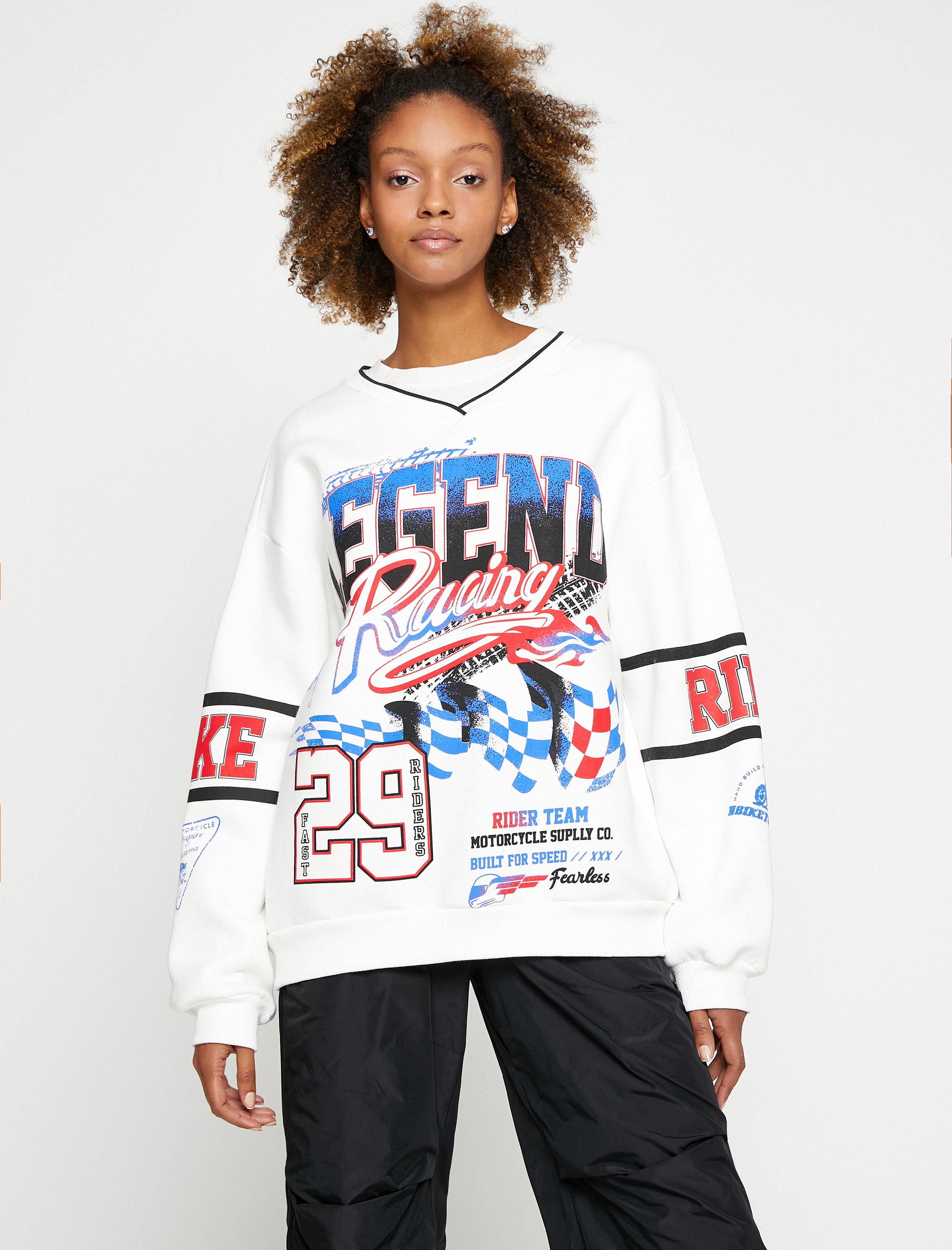   Oversize Sweatshirt Slogan Baskılı Uzun Kollu V Yaka İçi Polarlı