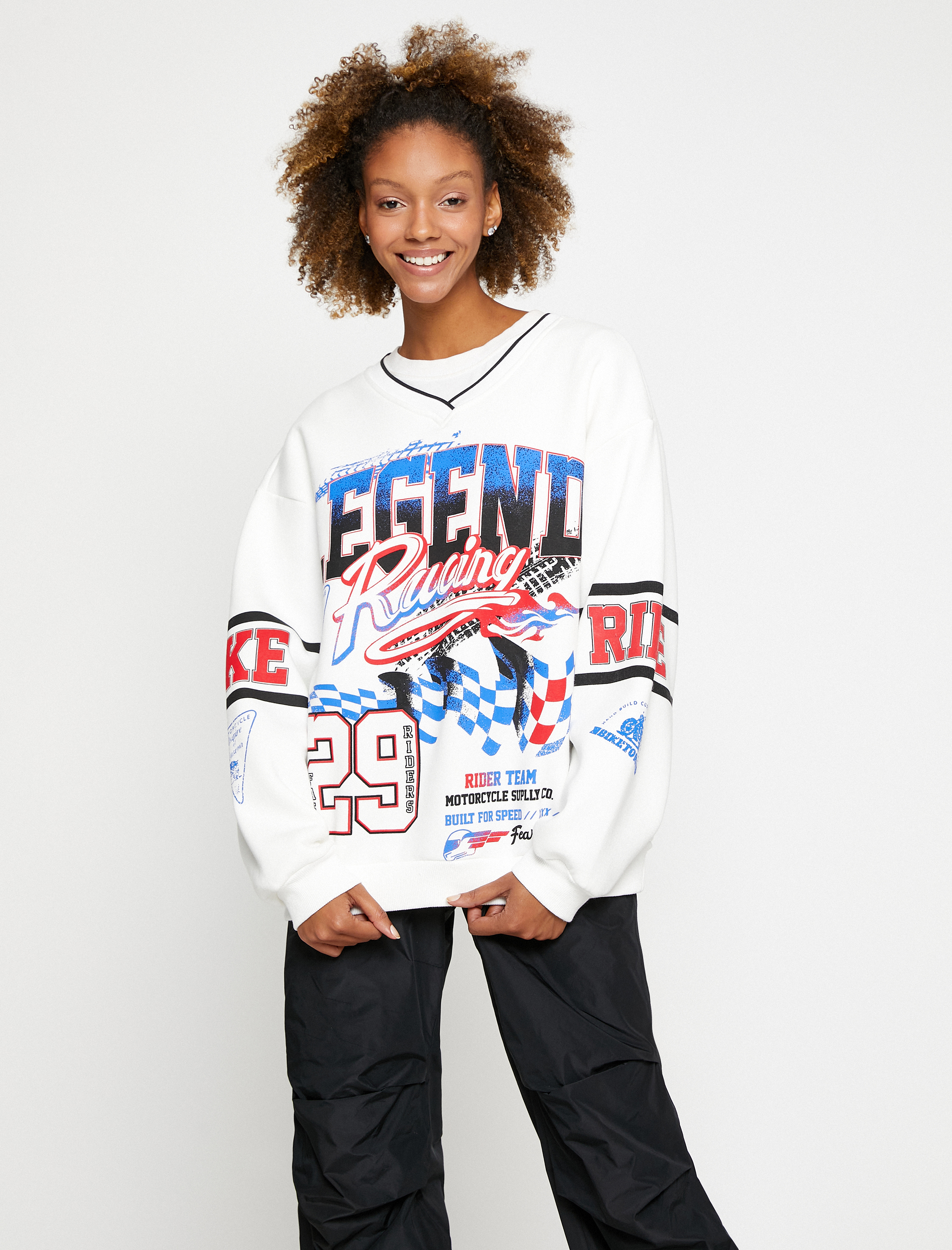   Oversize Sweatshirt Slogan Baskılı Uzun Kollu V Yaka İçi Polarlı