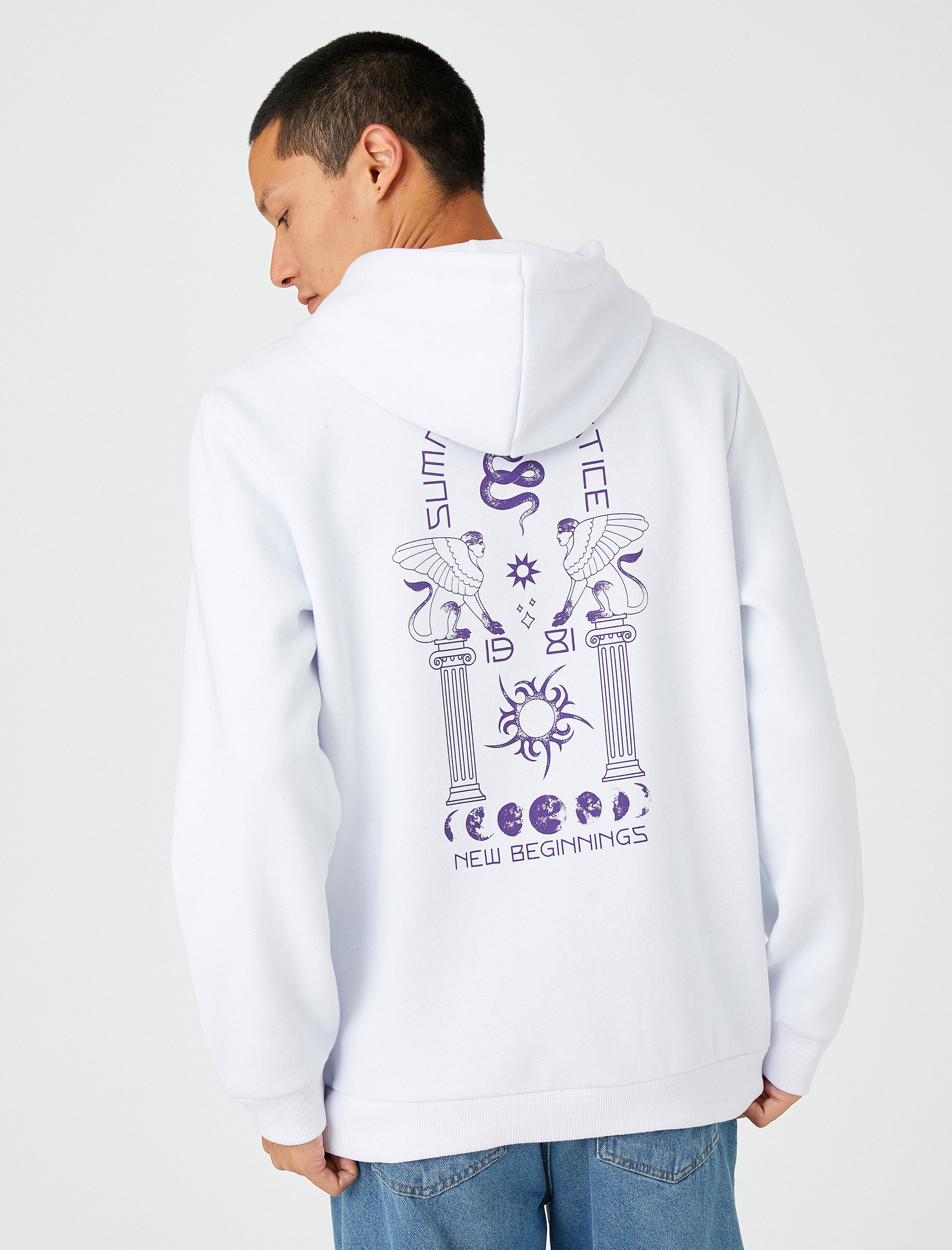   Basic Kapşonlu Sweatshirt Uzakdoğu Baskılı Uzun Kollu Şardonlu