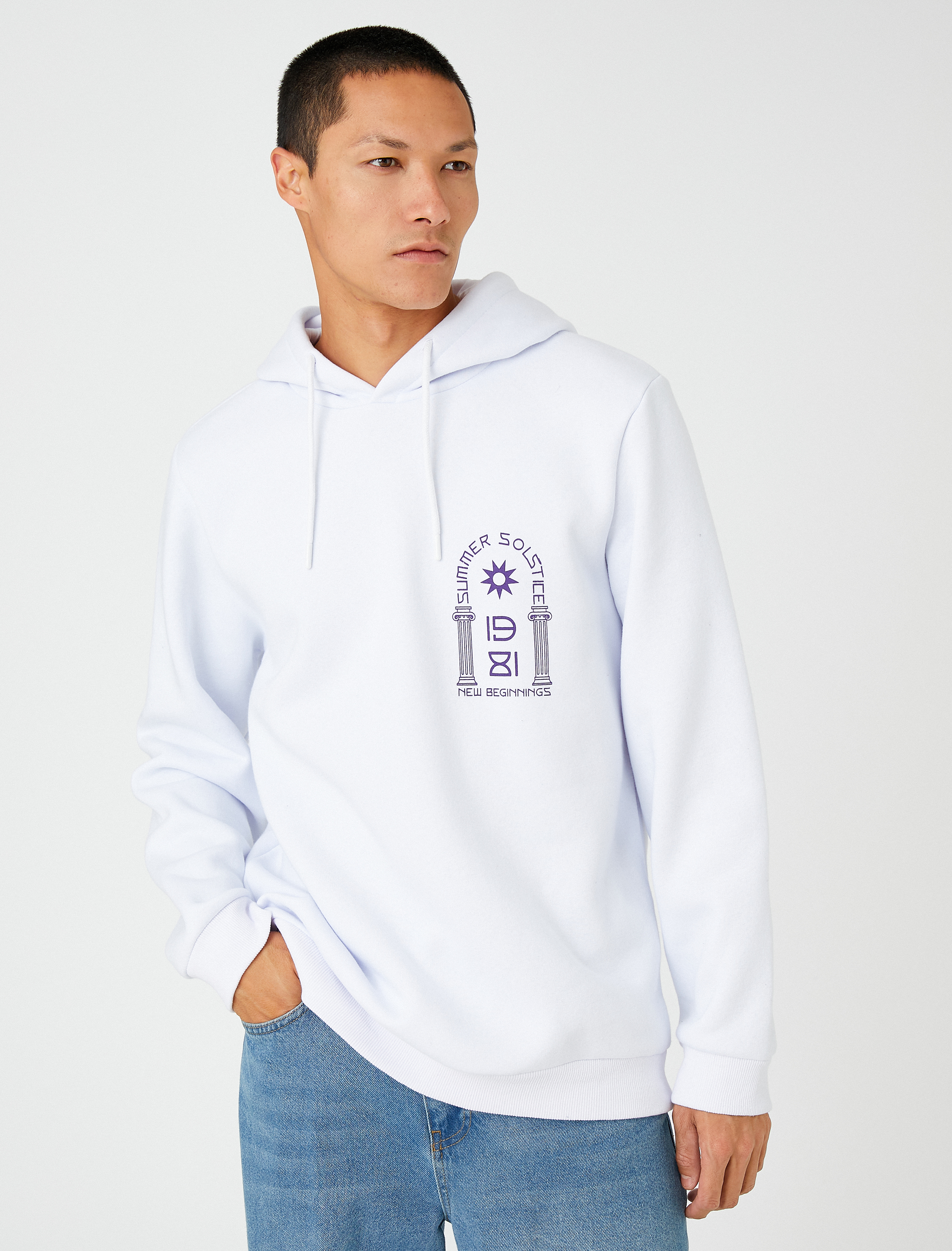   Basic Kapşonlu Sweatshirt Uzakdoğu Baskılı Uzun Kollu Şardonlu
