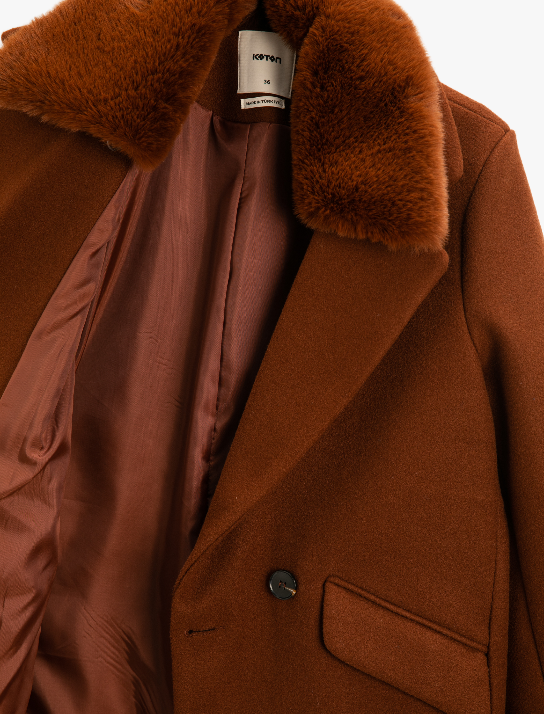   Kruvaze Oversize Kaşe Kaban Yakası Çıkarılabilir Peluş Detaylı