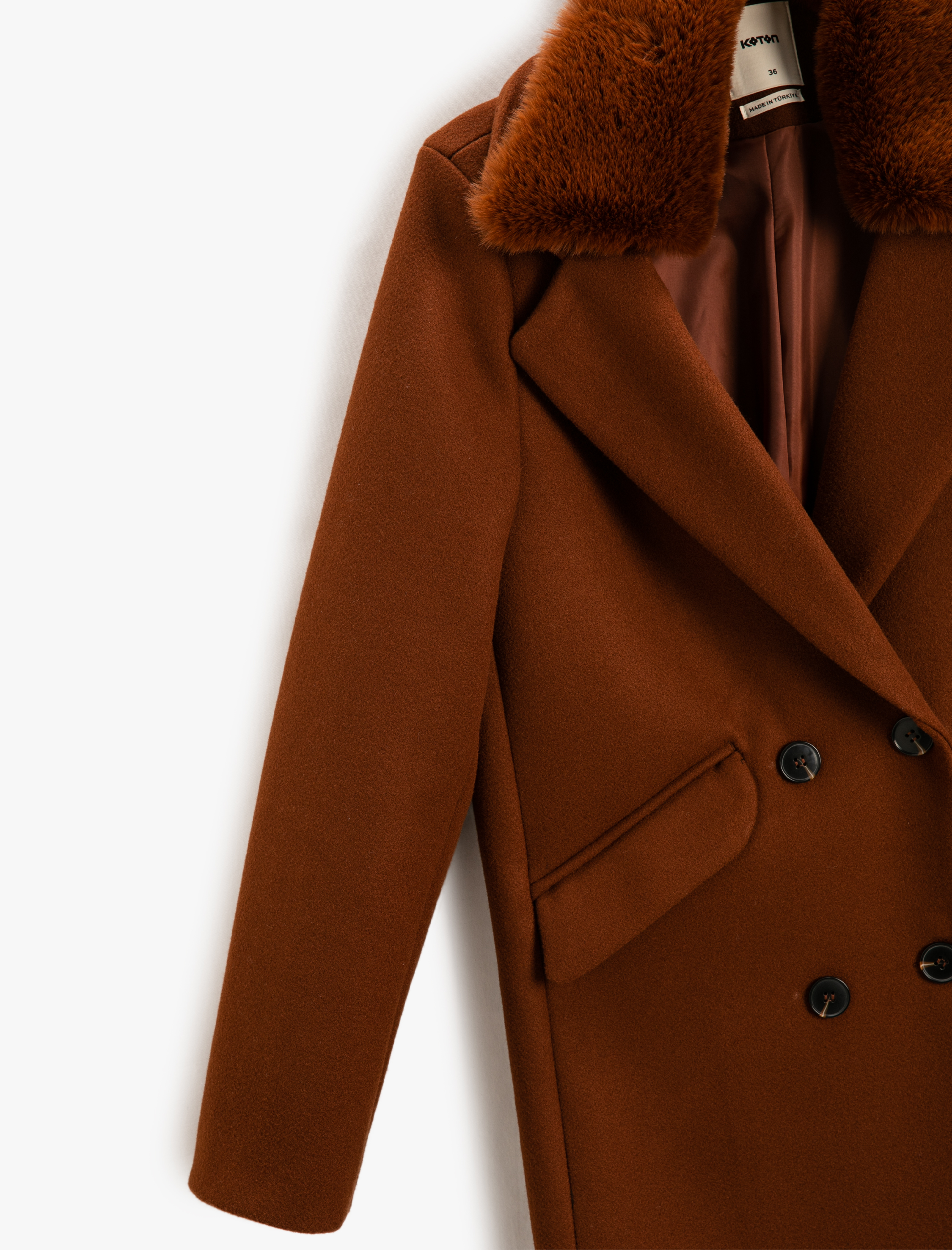   Kruvaze Oversize Kaşe Kaban Yakası Çıkarılabilir Peluş Detaylı