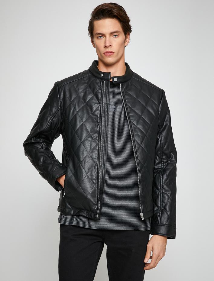  Deri Görünümlü Ceket Bomber Yaka Kapitoneli Cep Detaylı Su Geçirmez