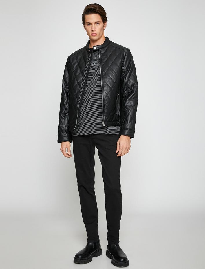  Deri Görünümlü Ceket Bomber Yaka Kapitoneli Cep Detaylı Su Geçirmez