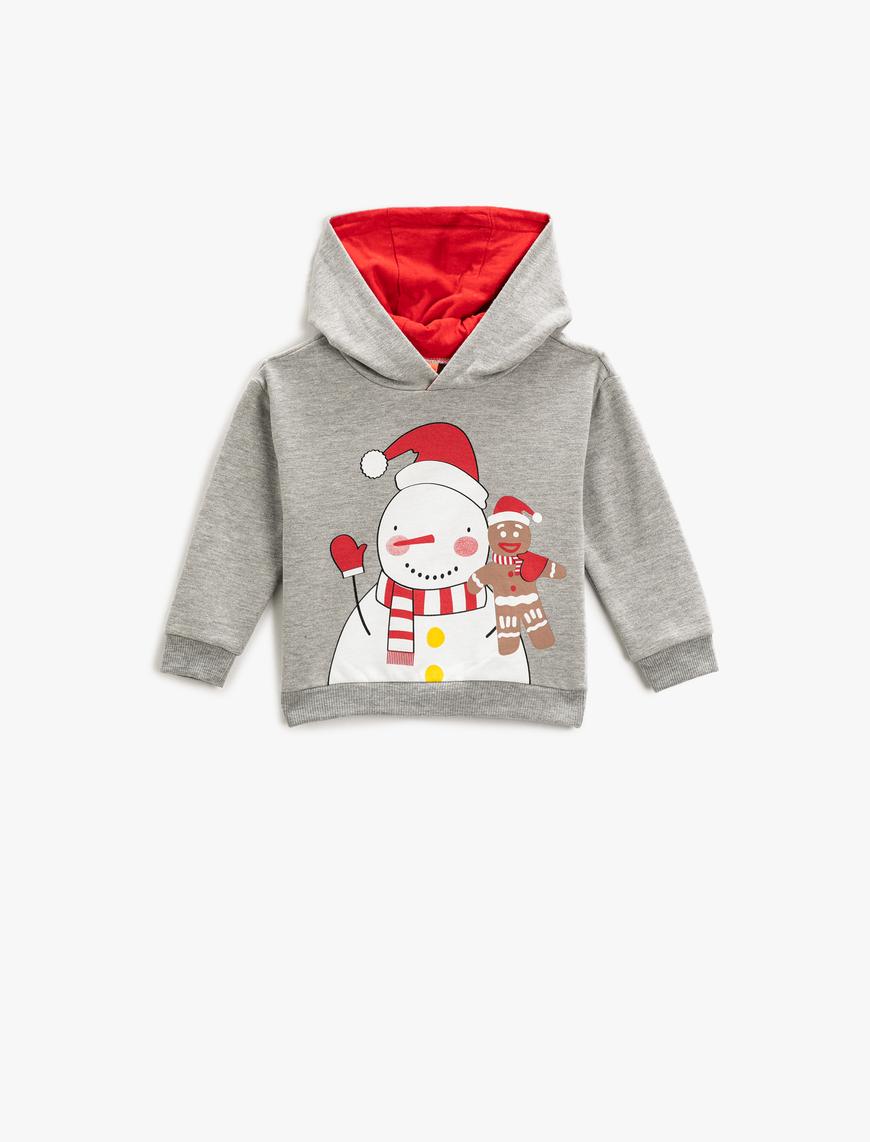  Erkek Bebek Kapşonlu Sweatshirt Kardan Adam Baskılı Uzun Kollu