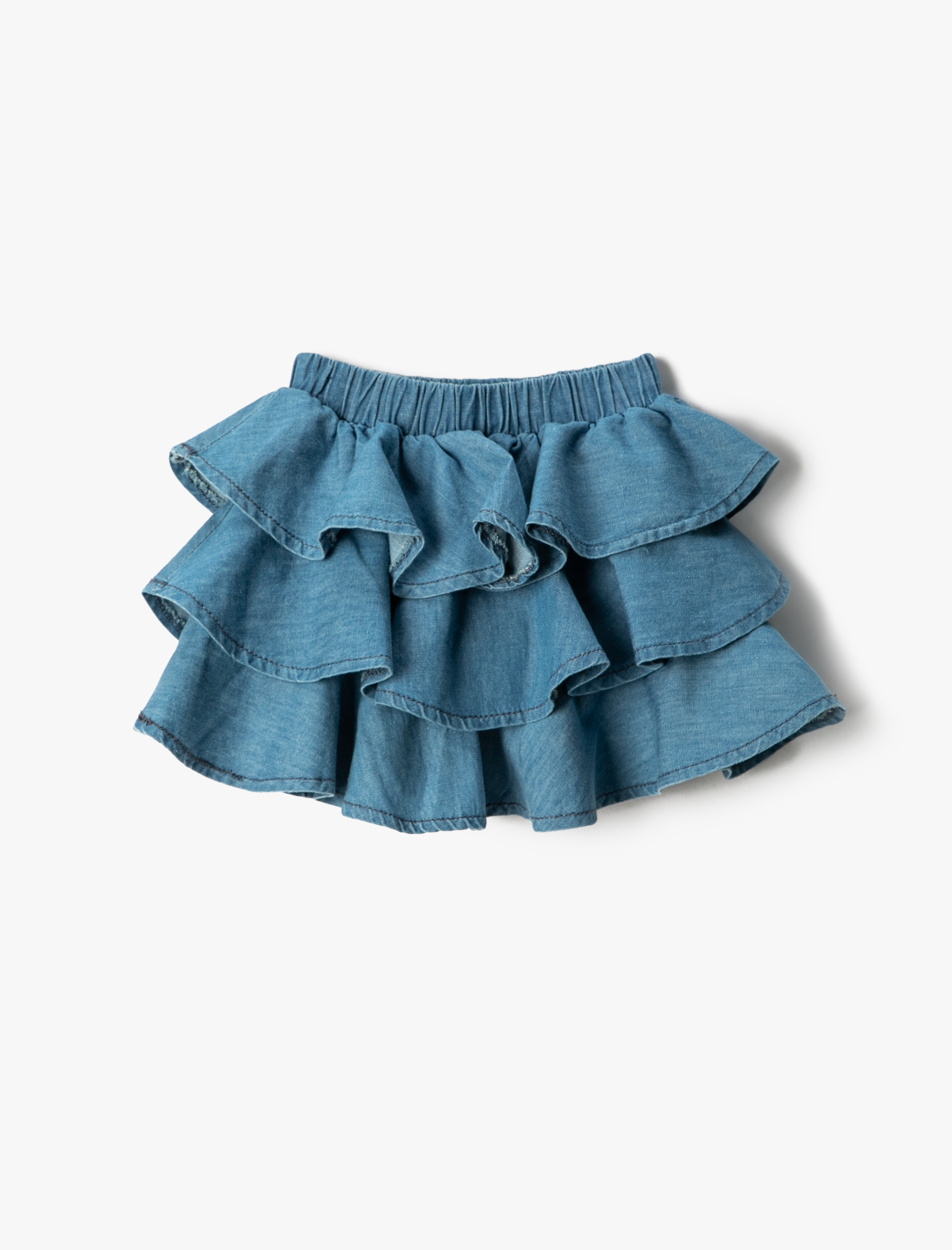  Kız Çocuk Mini Kot Etek Fırfırlı Katlı Beli Lastikli