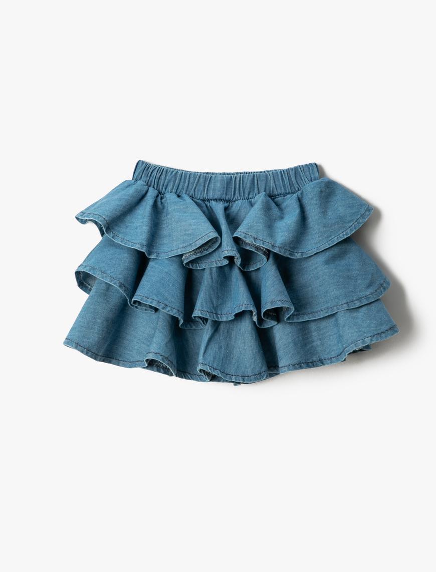  Kız Çocuk Mini Kot Etek Fırfırlı Katlı Beli Lastikli