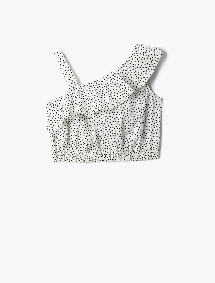 Kız Çocuk Crop Üst Tek Omuzlu Fırfırlı Kolsuz Puantiyeli Pamuklu