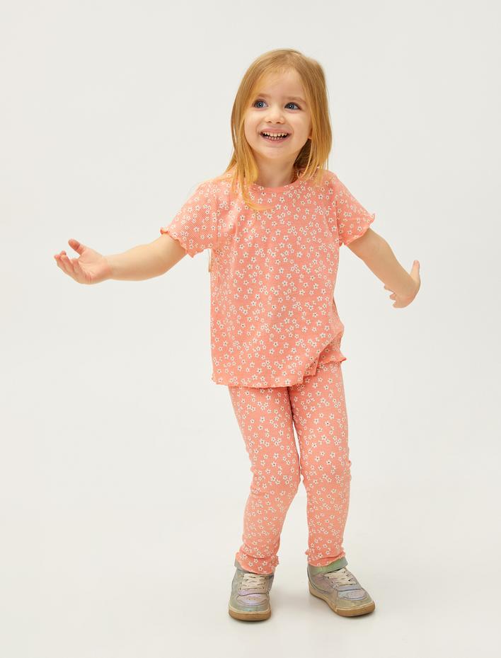 Kız Bebek Çiçekli Tayt Fiyonk Detaylı Beli Lastikli Ribanalı