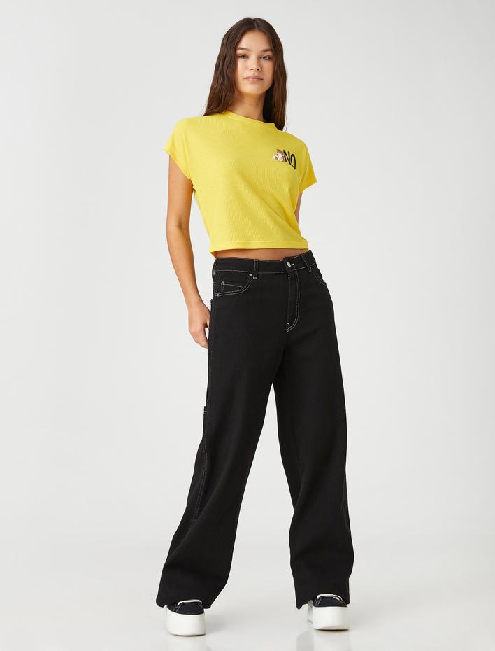  Crop Tişört Kedi Baskılı Kısa Kollu Bisiklet Yaka