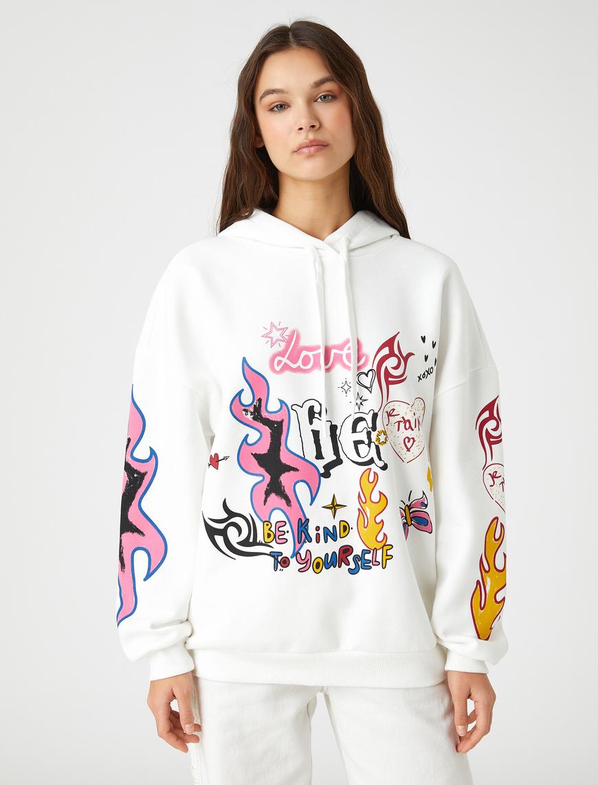   Şardonlu Kapüşonlu Sweatshirt Uzun Kollu Grafiti Baskılı