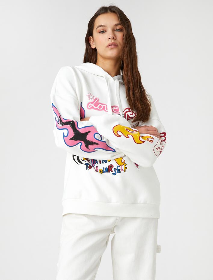  Şardonlu Kapüşonlu Sweatshirt Uzun Kollu Grafiti Baskılı