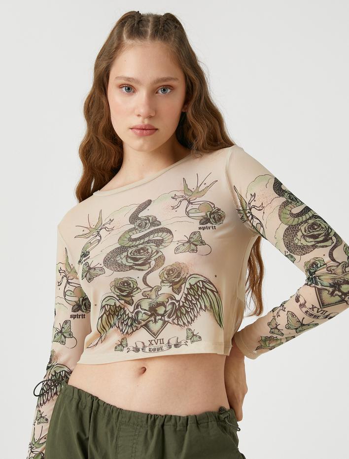  Uzun Kollu Tişört Tül Crop Bisiklet Yaka Baskılı