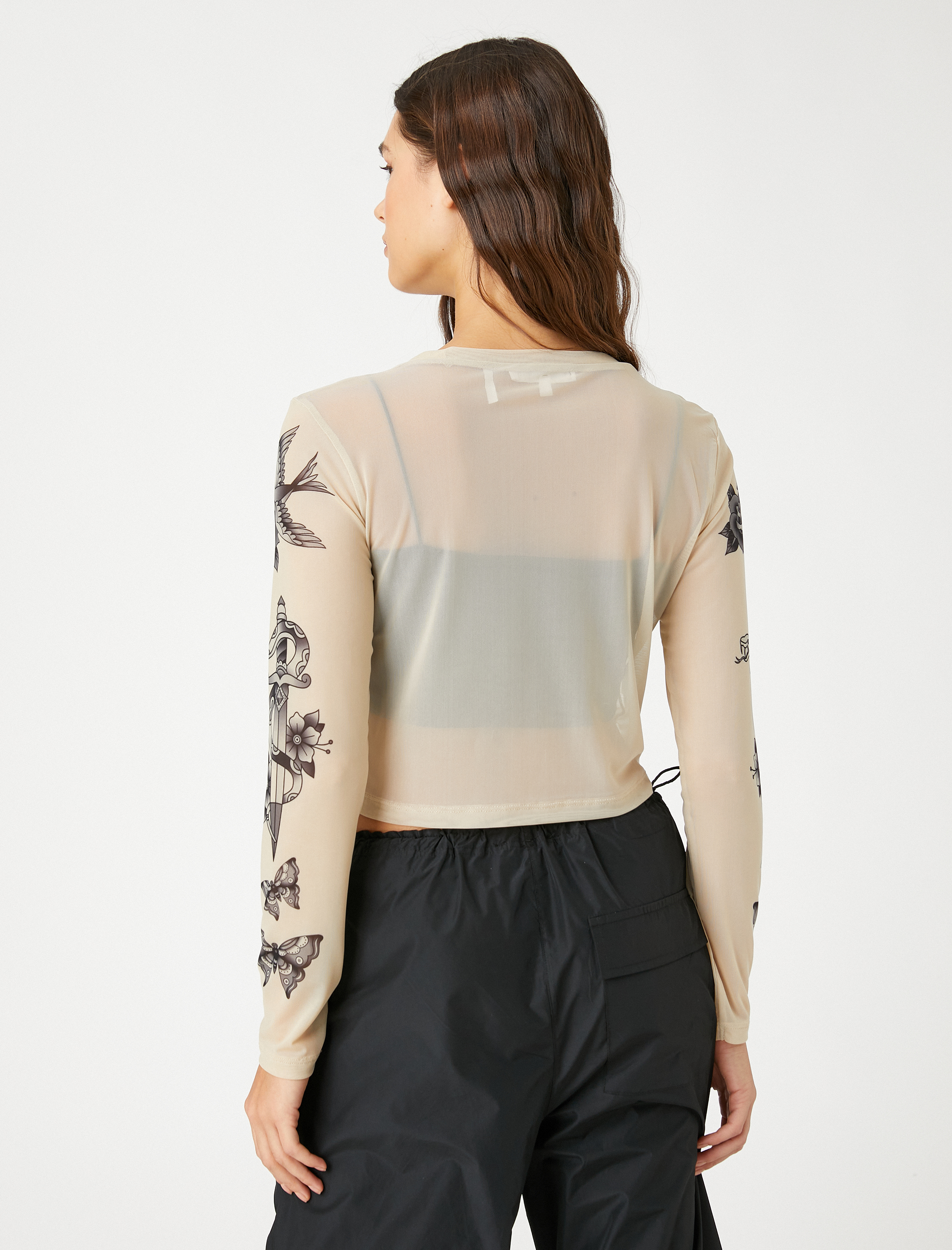   Uzun Kollu Tişört Crop Tül Baskılı Bisiklet Yaka