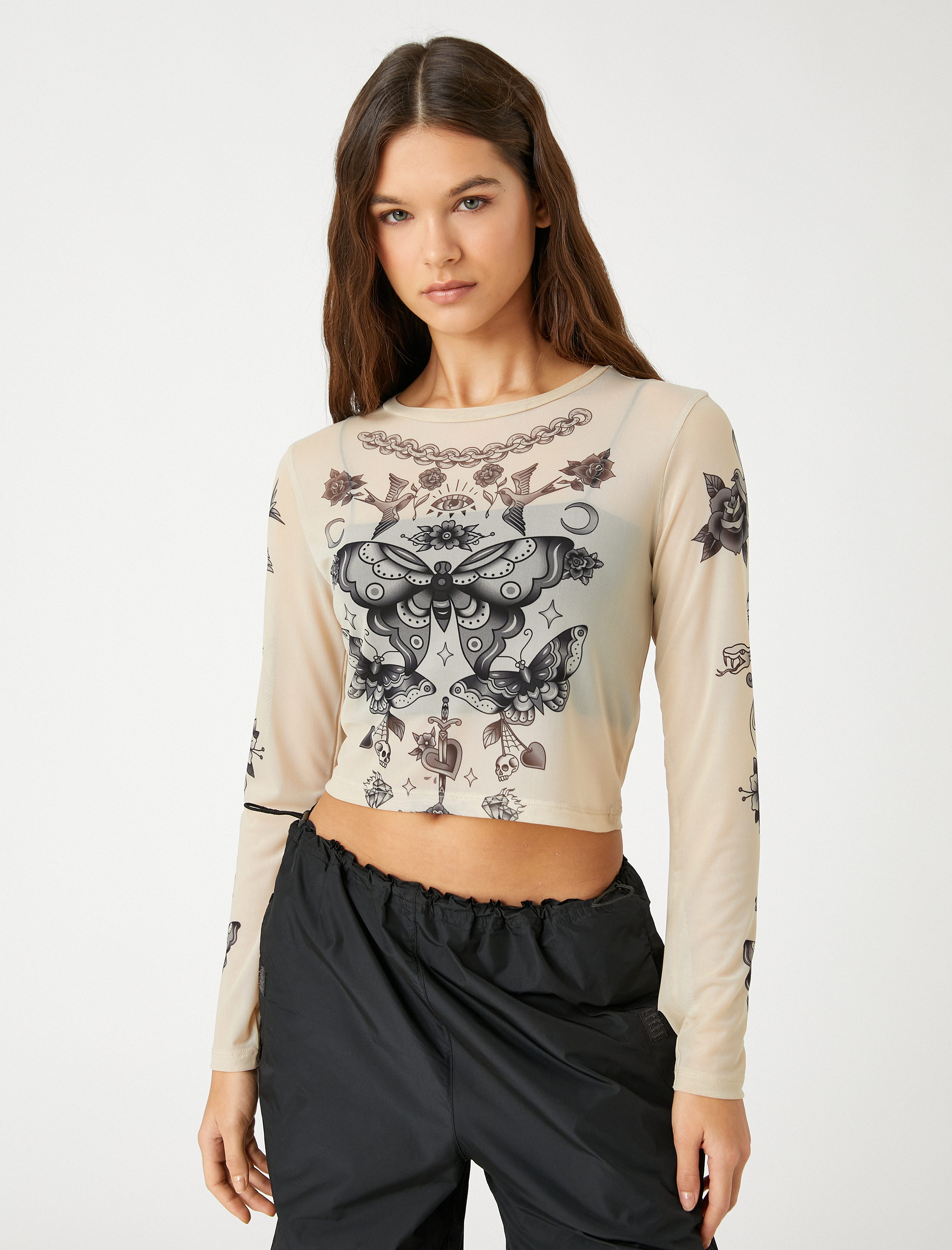   Uzun Kollu Tişört Crop Tül Baskılı Bisiklet Yaka