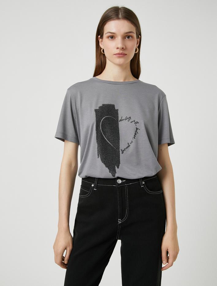  Baskılı Simli Tişört Kısa Kollu Relax Fit