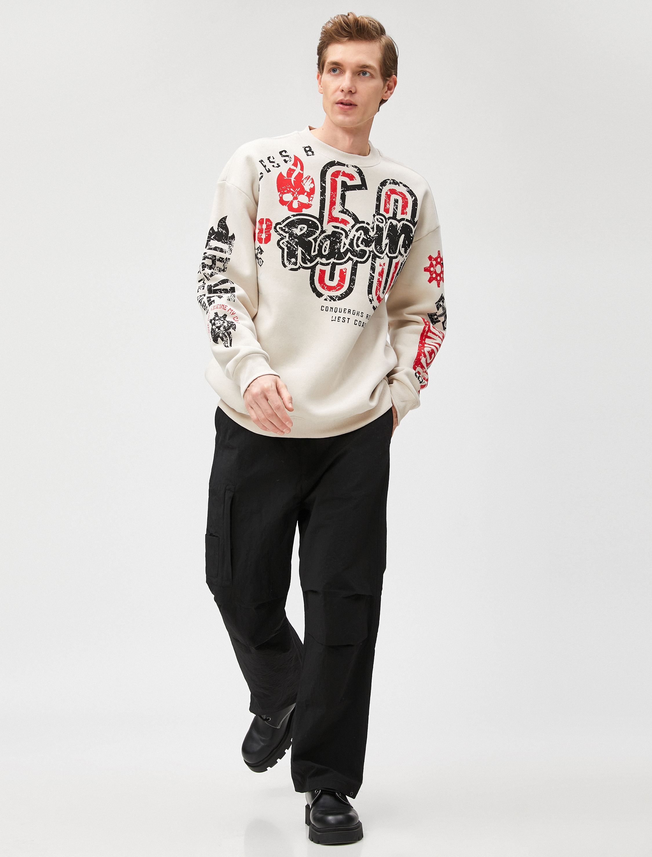   Kolej Oversize Sweatshirt Bisiklet Yaka Baskılı Şardonlu