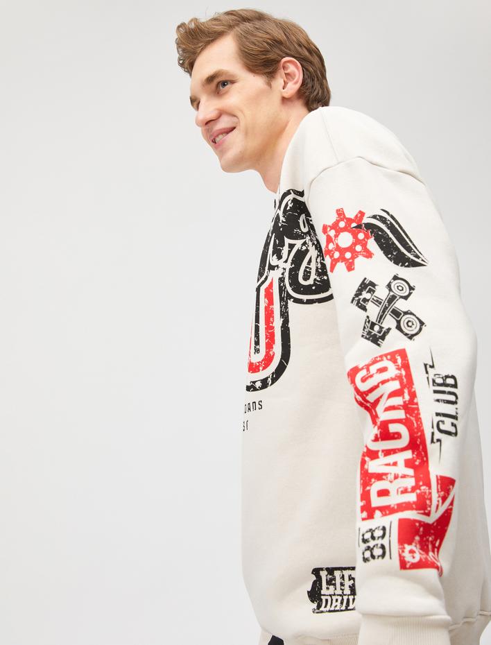  Kolej Oversize Sweatshirt Bisiklet Yaka Baskılı Şardonlu