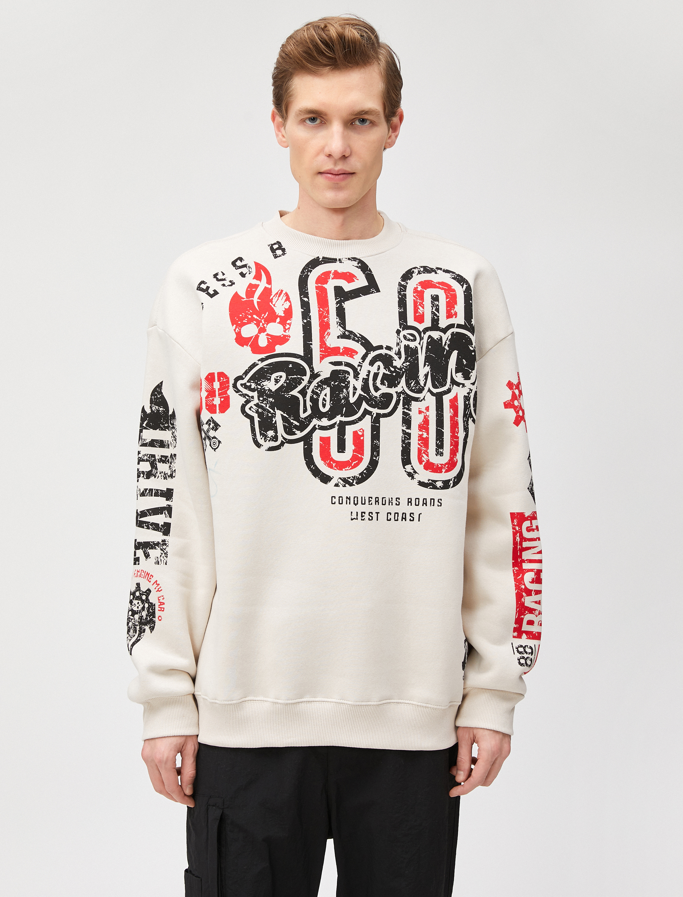   Kolej Oversize Sweatshirt Bisiklet Yaka Baskılı Şardonlu