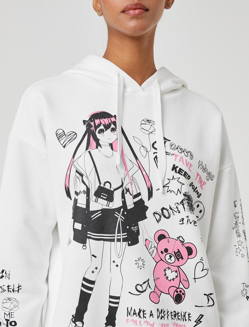   Şardonlu Kapüşonlu Sweatshirt Baskılı Uzun Kollu Rahat Kesim