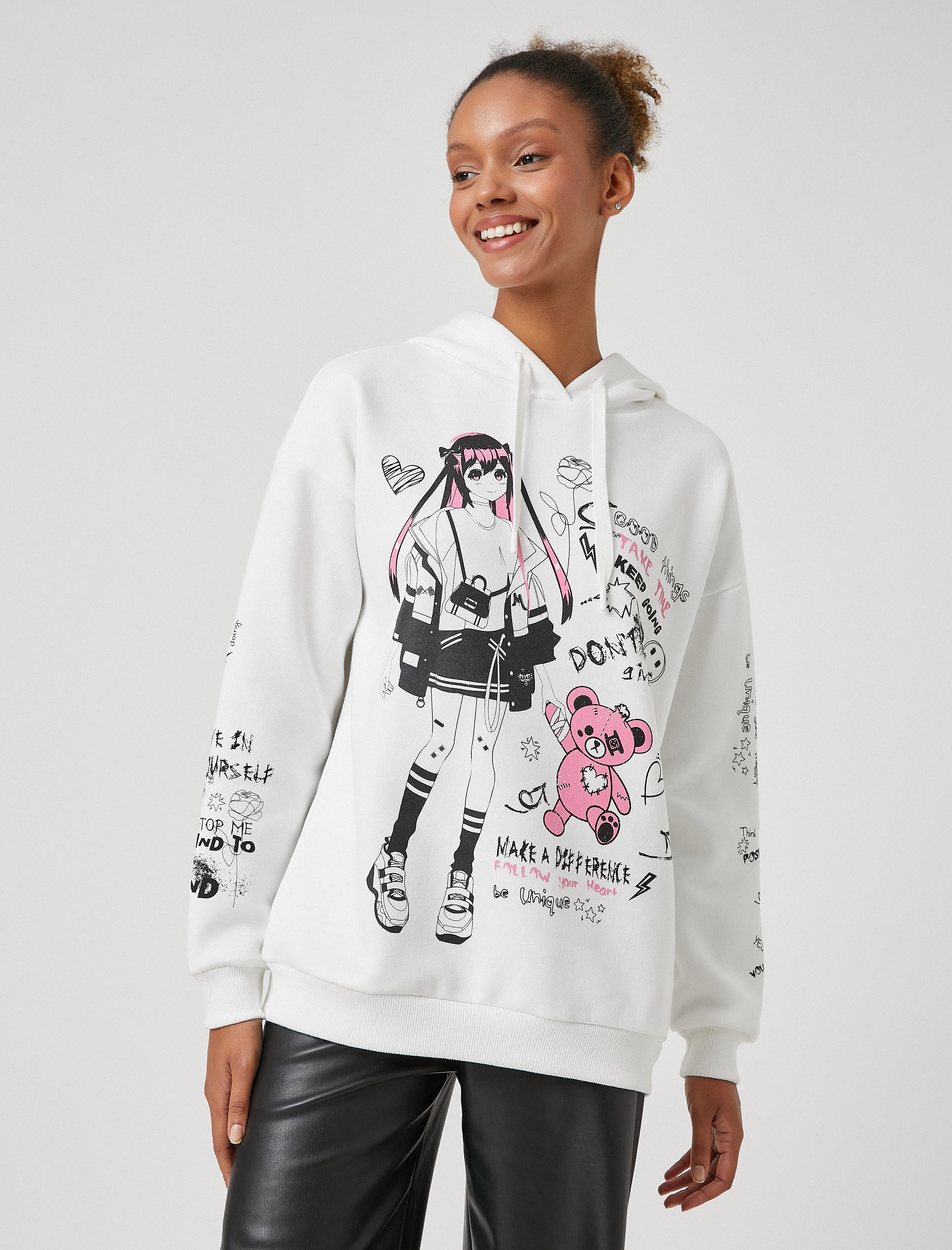   Şardonlu Kapüşonlu Sweatshirt Baskılı Uzun Kollu Rahat Kesim