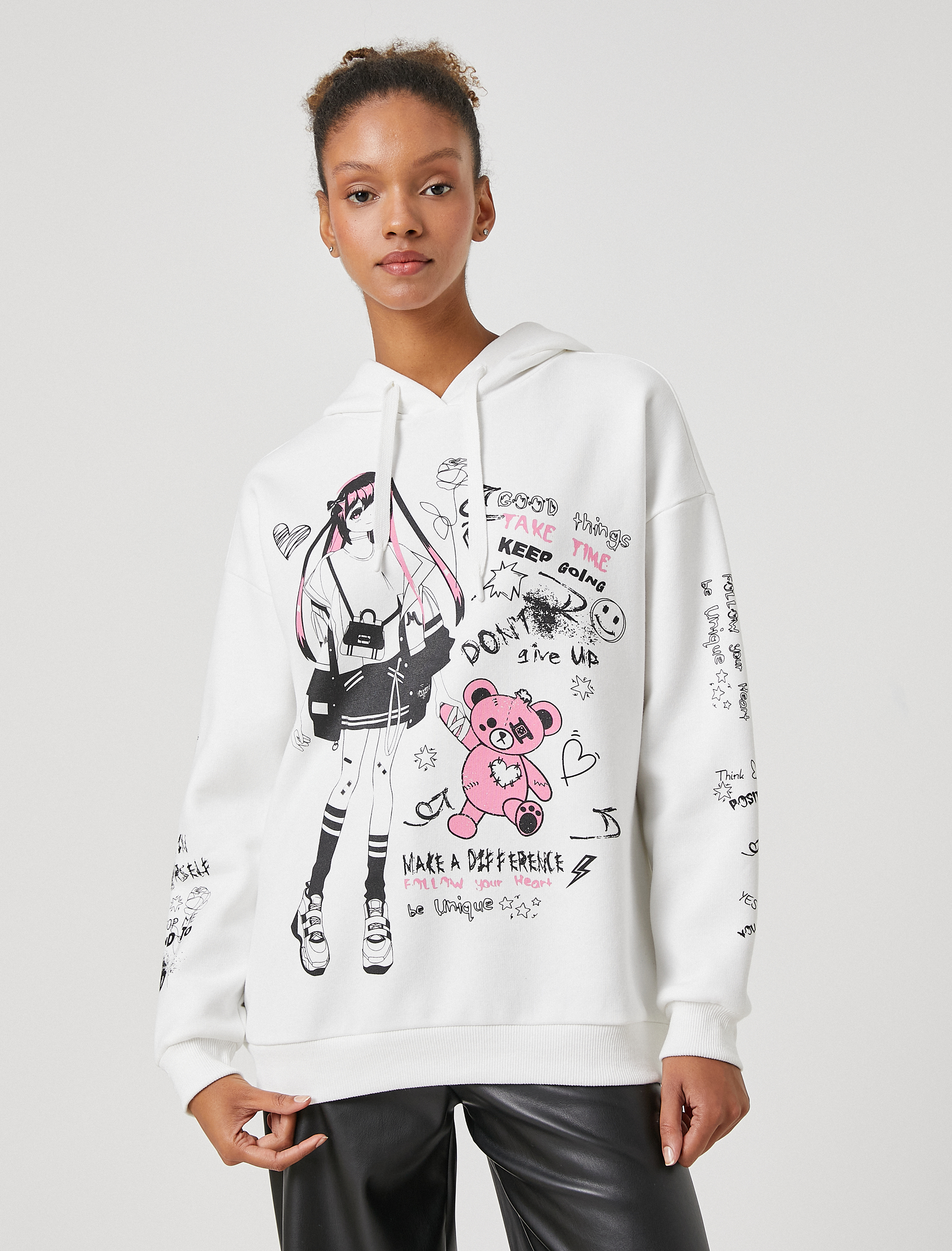   Şardonlu Kapüşonlu Sweatshirt Baskılı Uzun Kollu Rahat Kesim