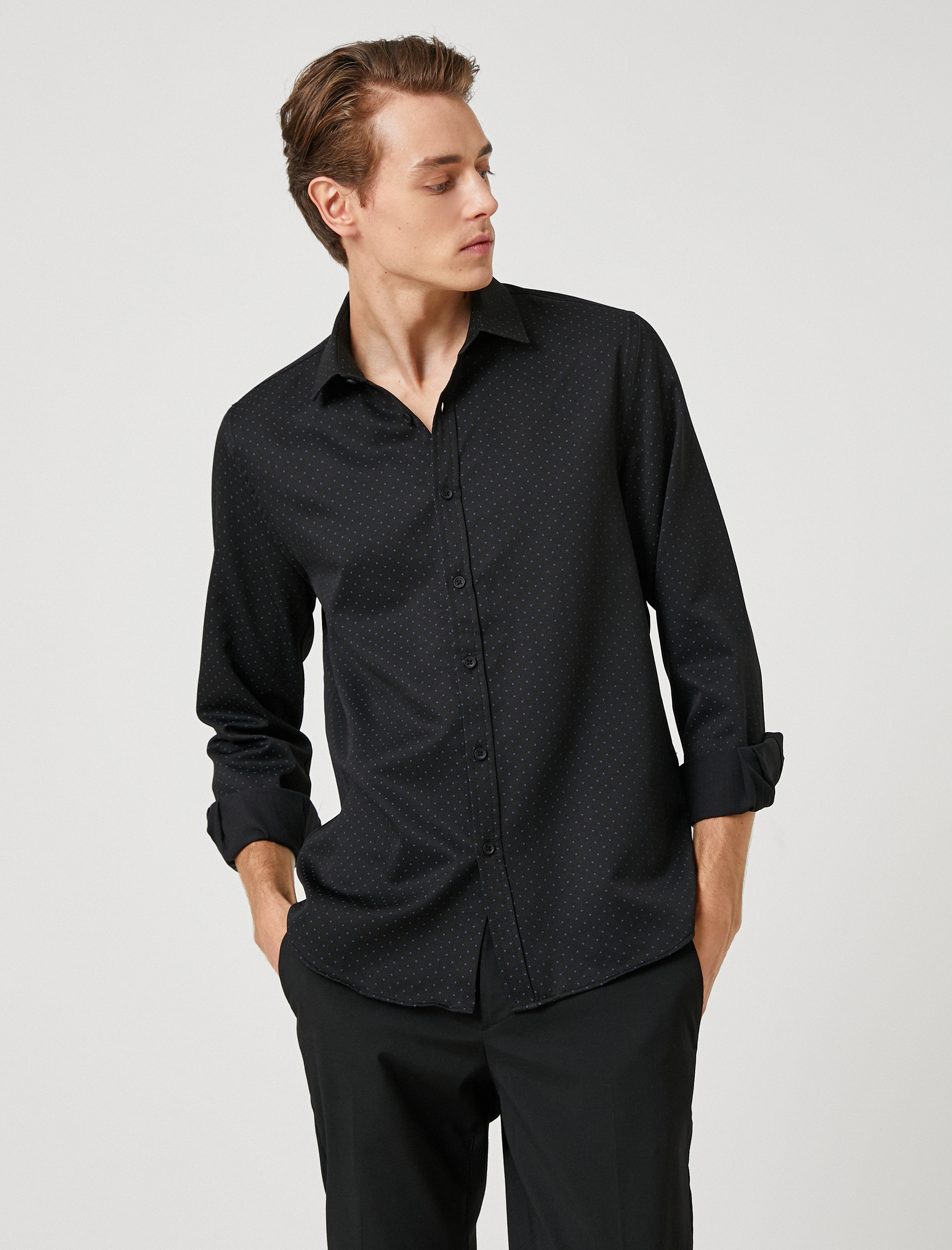 Puantiyeli Gömlek Klasik Yaka Uzun Kollu Non Iron