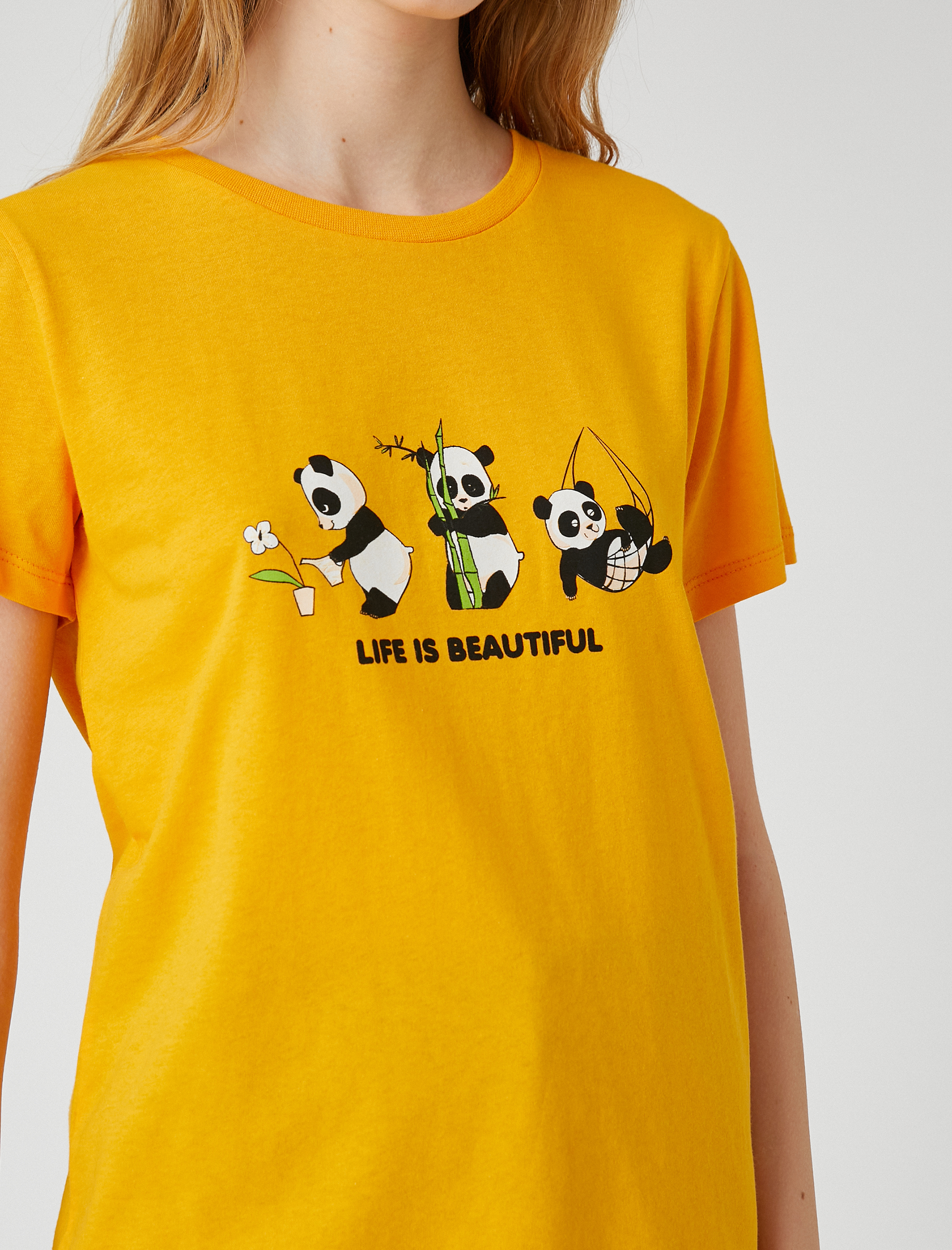   Panda Baskılı Tişört Kısa Kollu Bisiklet Yaka Rahat Kesim