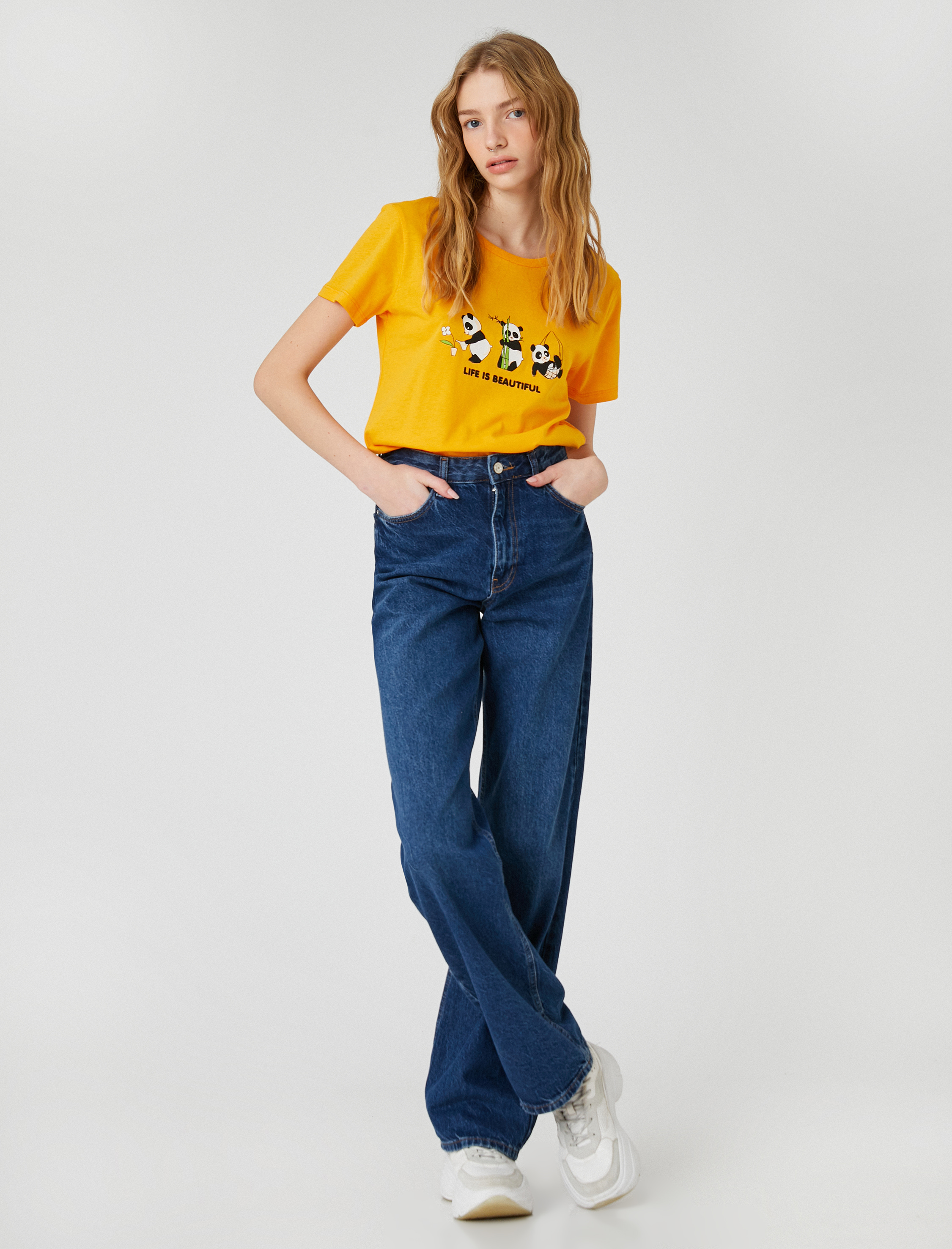   Panda Baskılı Tişört Kısa Kollu Bisiklet Yaka Rahat Kesim