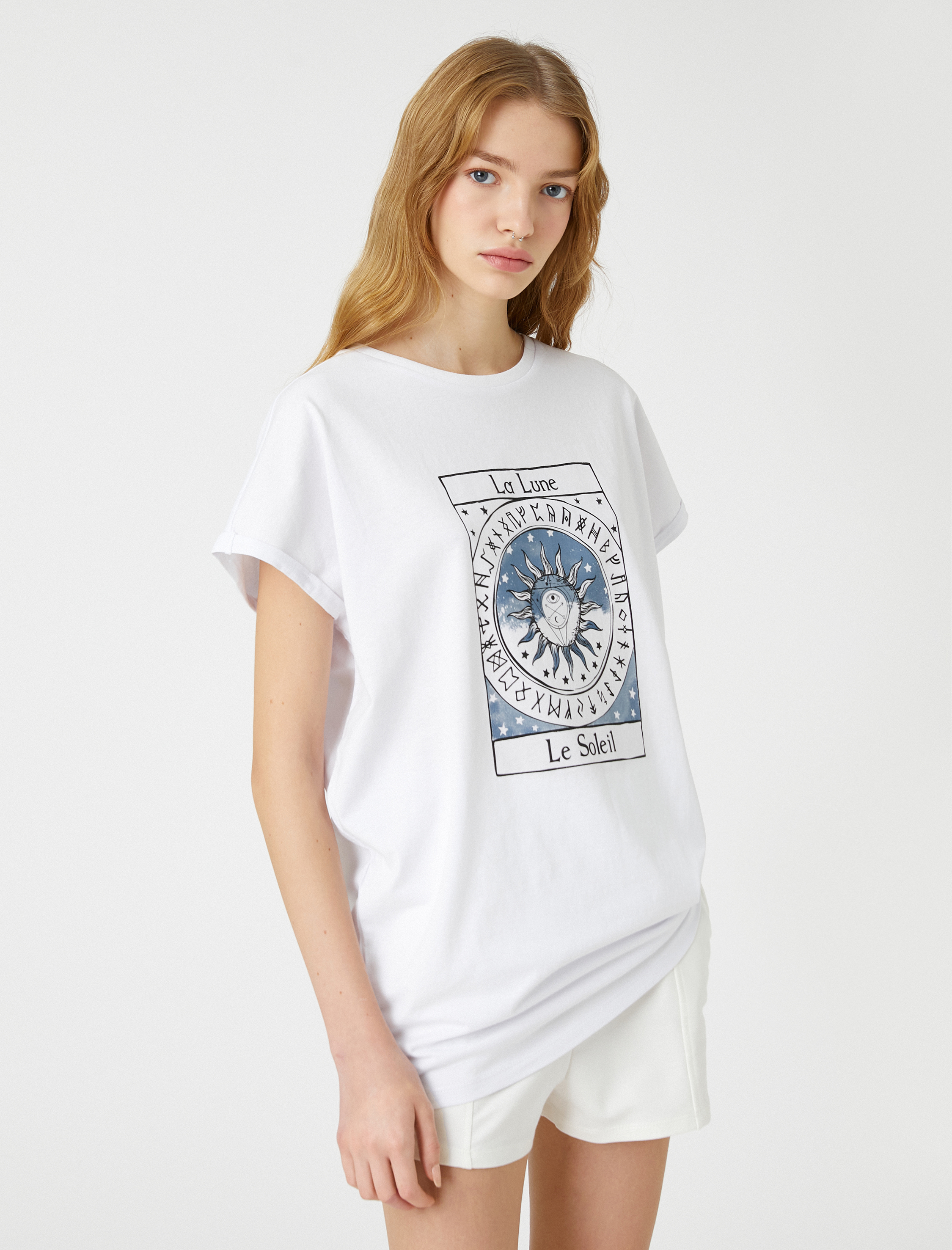   Kısa Kollu Tişört Rahat Kesim Bisiklet Yaka Baskılı