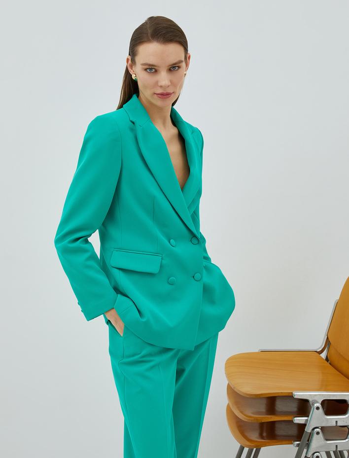  Kruvaze Düğmeli Blazer Ceket Kapaklı Cep Detaylı