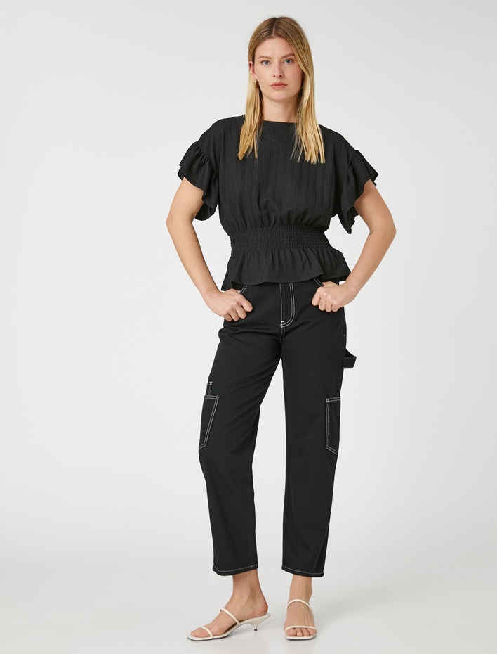  Gipeli Volanlı Tişört Kayık Yaka