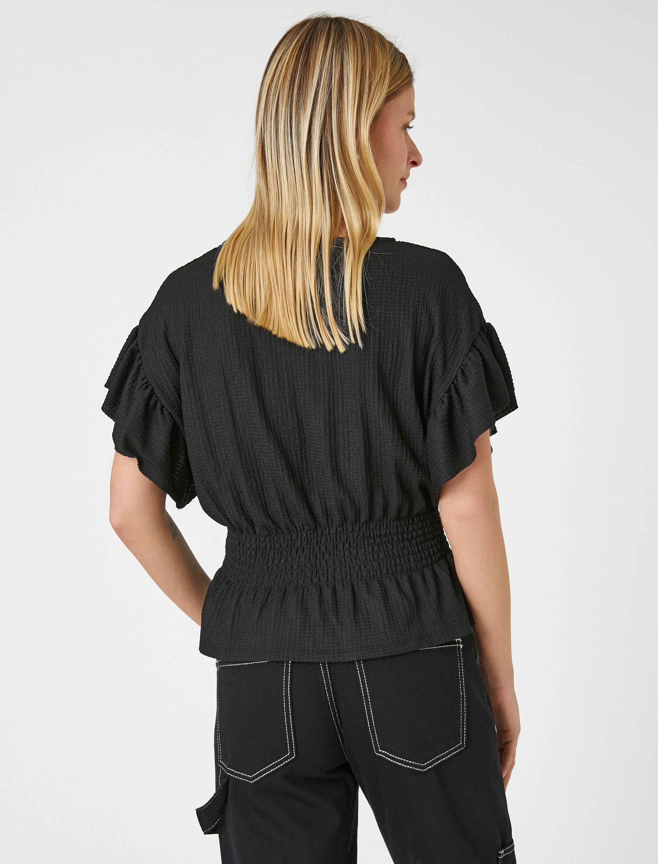   Gipeli Volanlı Tişört Kayık Yaka