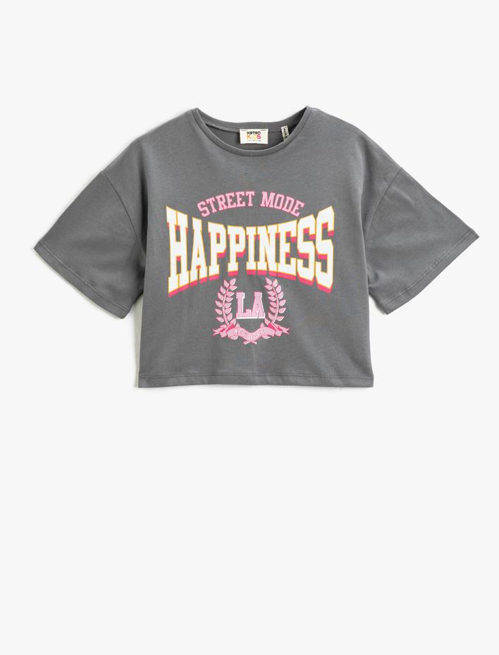 Kız Çocuk Oversize Tişört Baskılı Kısa Kollu Bisiklet Yaka