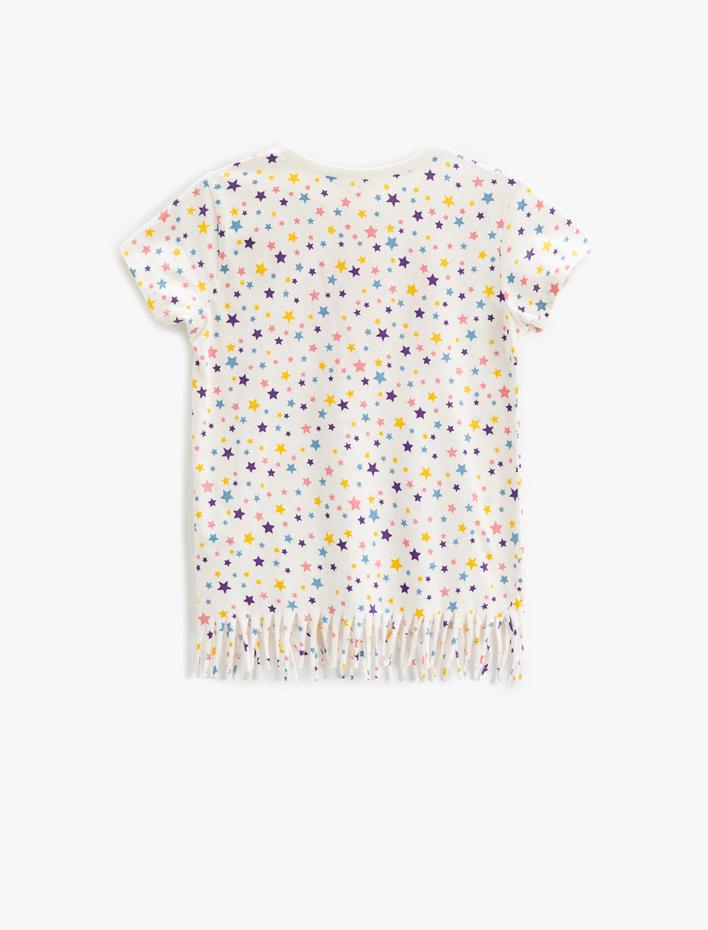 Kız Çocuk Yıldız Baskılı Püsküllü Tişört Kısa Kollu Bisiklet Yaka