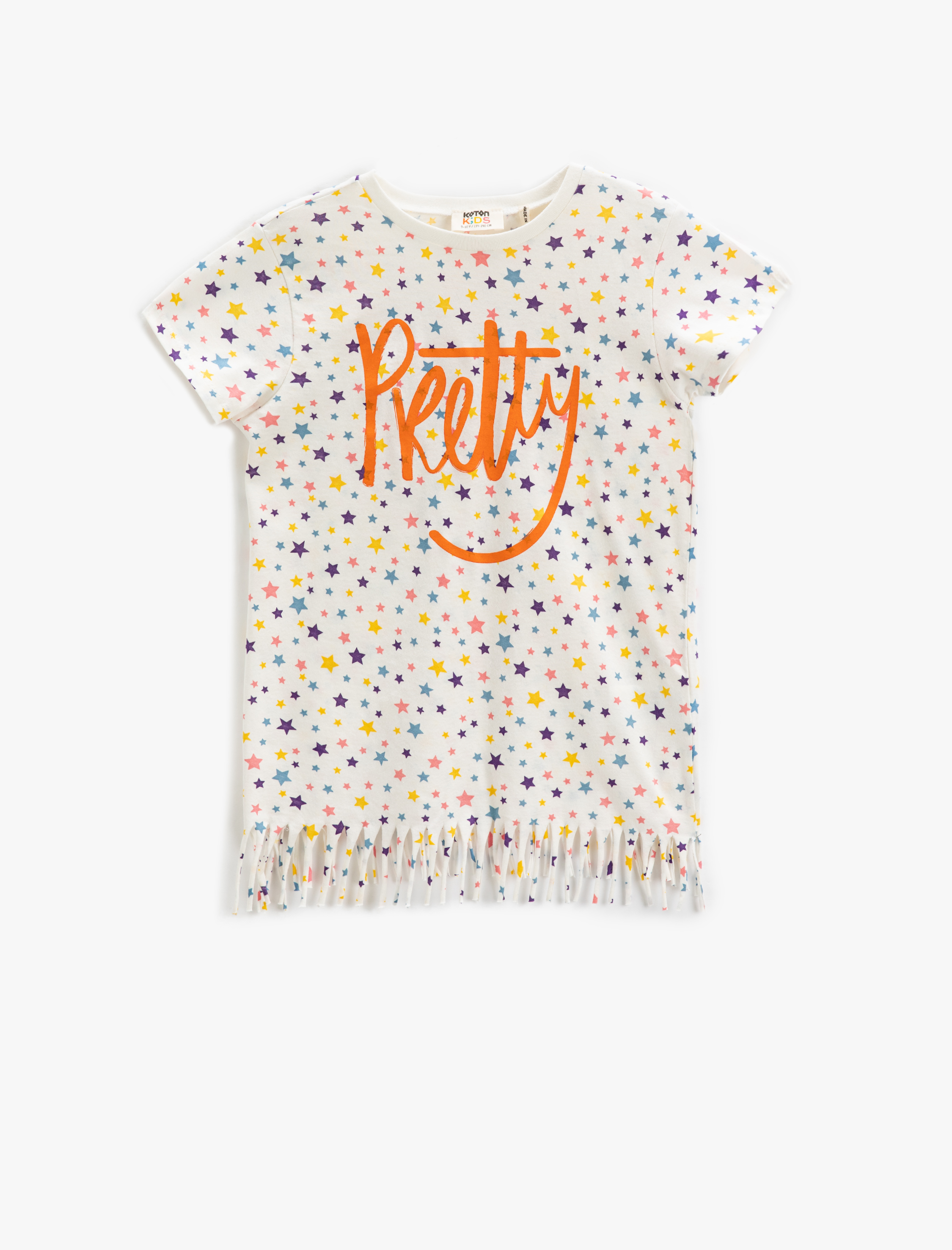  Kız Çocuk Yıldız Baskılı Püsküllü Tişört Kısa Kollu Bisiklet Yaka